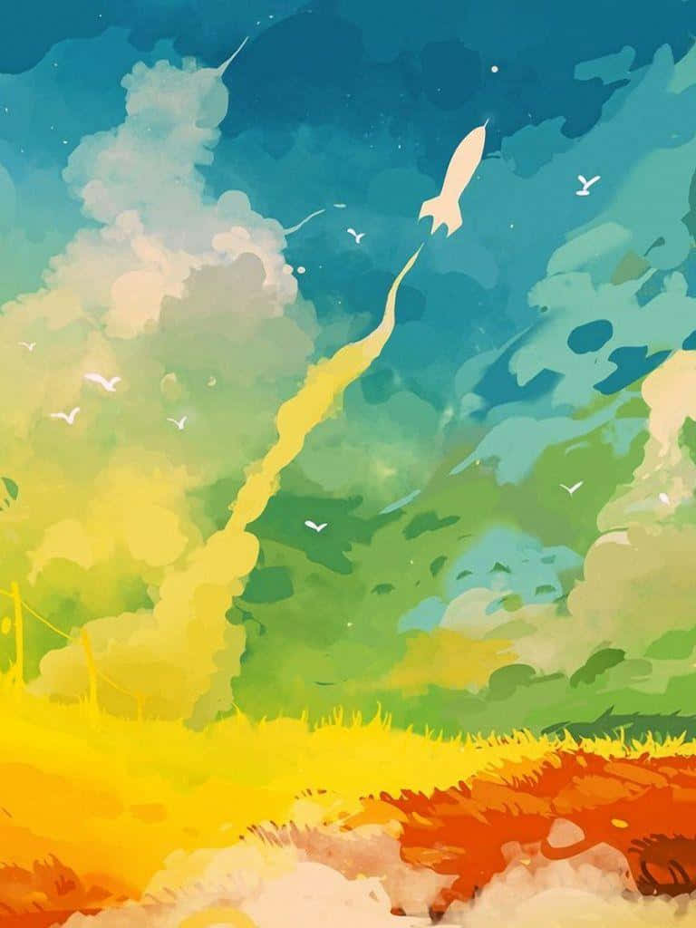 768x1024 桌布 壁紙 — 火箭在充滿活力的天空中翱翔，鳥兒伴飛，在色彩繽紛的景觀上留下金色軌跡。