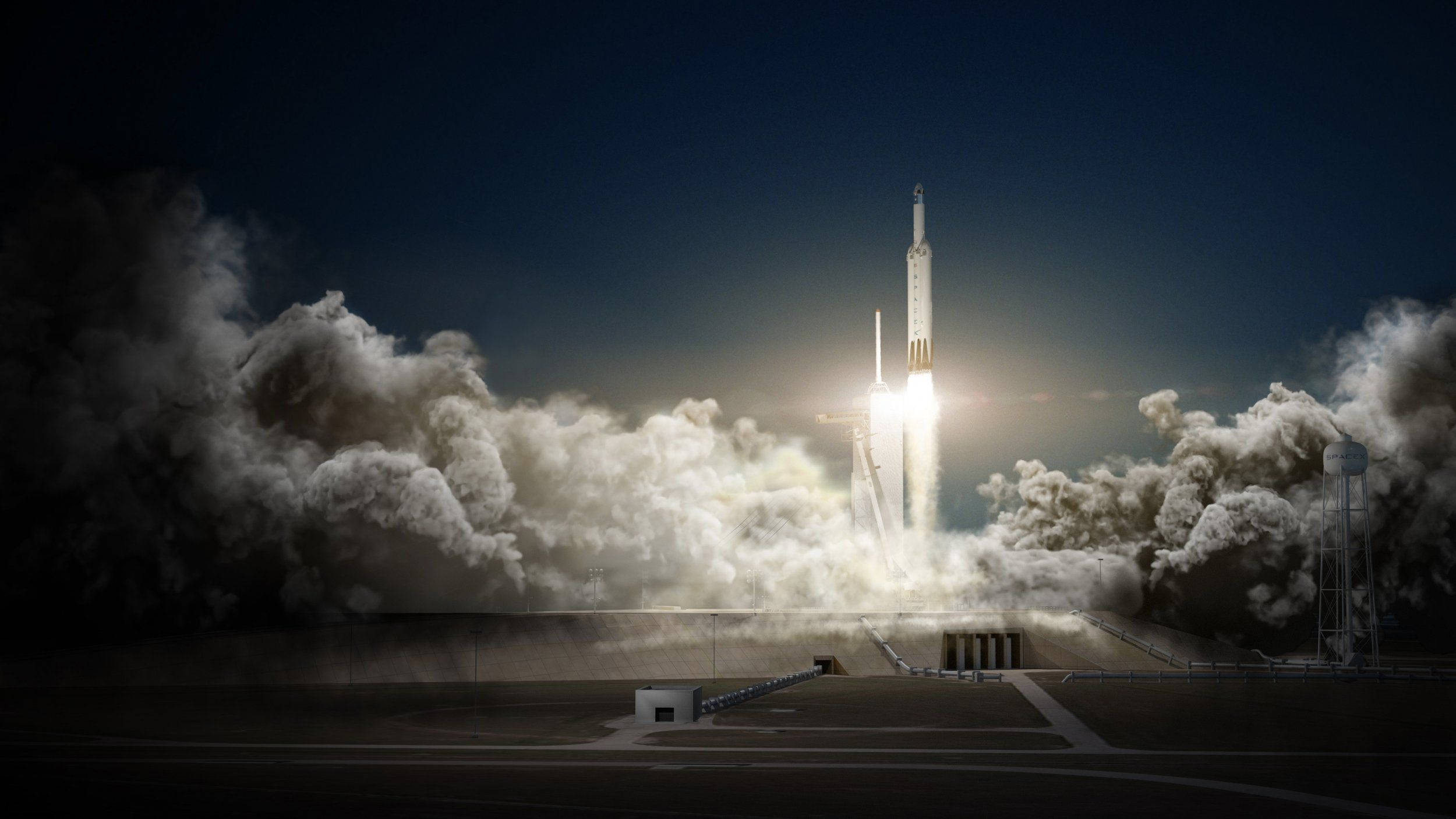 SpaceX 桌布 壁紙 — 火箭在夜空中發射，以熾熱的引擎衝破雲層，照亮下方的發射台。