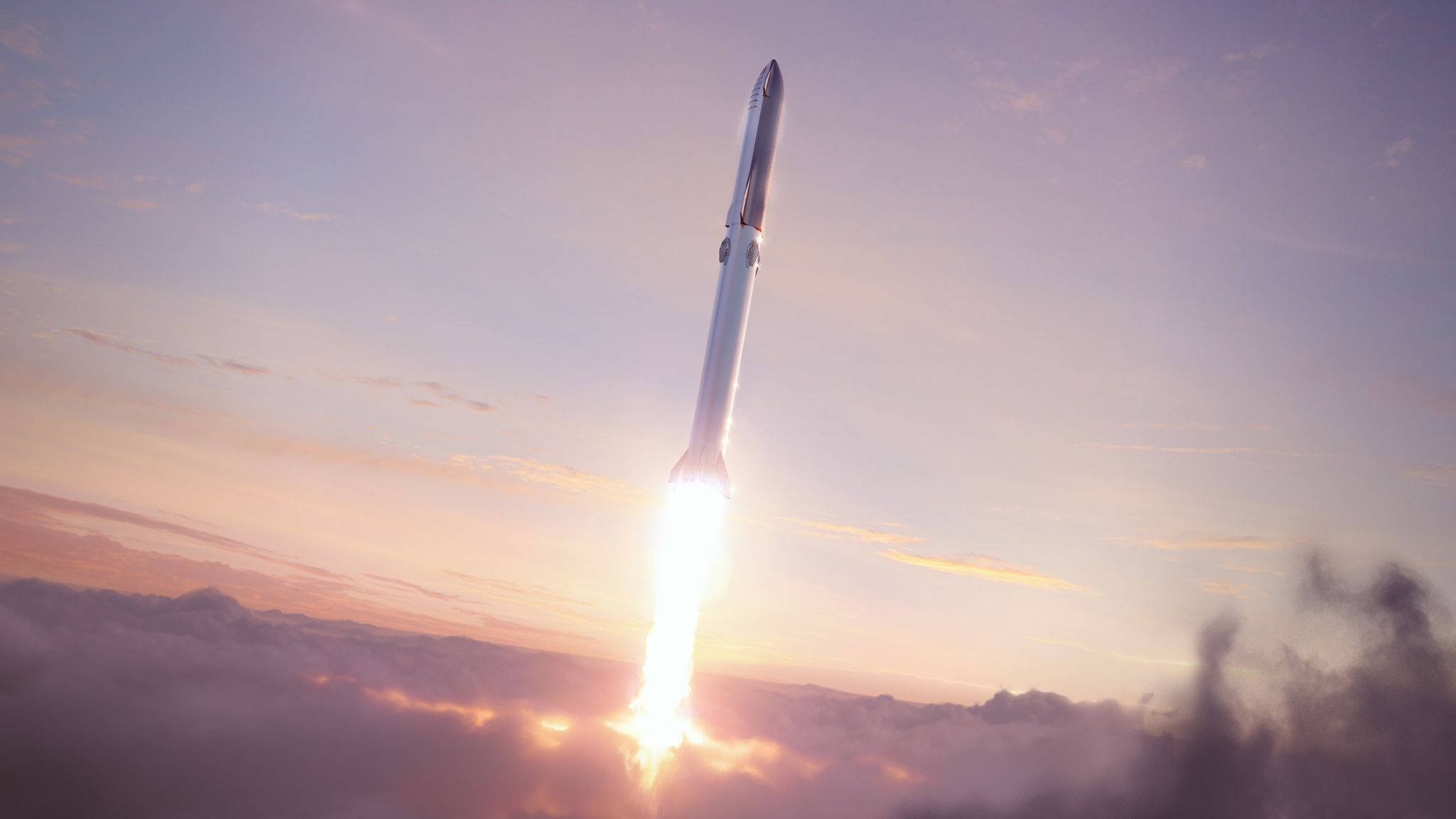 SpaceX 桌布 壁紙 — 火箭在日出時強力穿過雲層，在粉彩色的天空中投射出燦爛的光芒。