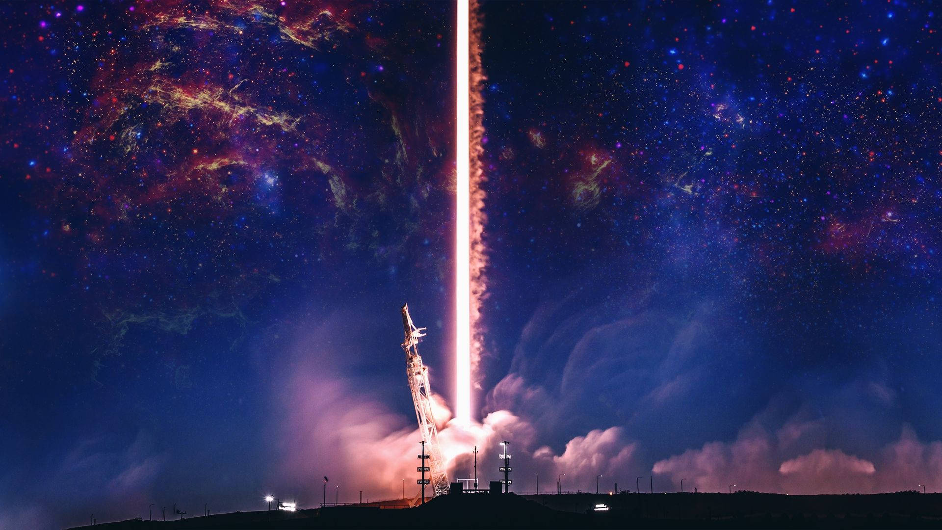SpaceX 桌布 壁紙 — 火箭在繁星點點的夜空中上升，在宇宙星雲和雲層中留下明亮的火焰痕跡。