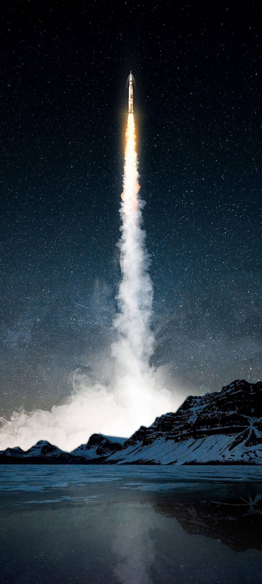火箭發射到繁星點點的夜空，越過積雪的山脈和冰凍的湖泊。 — 三星 S21 Ultra 壁紙