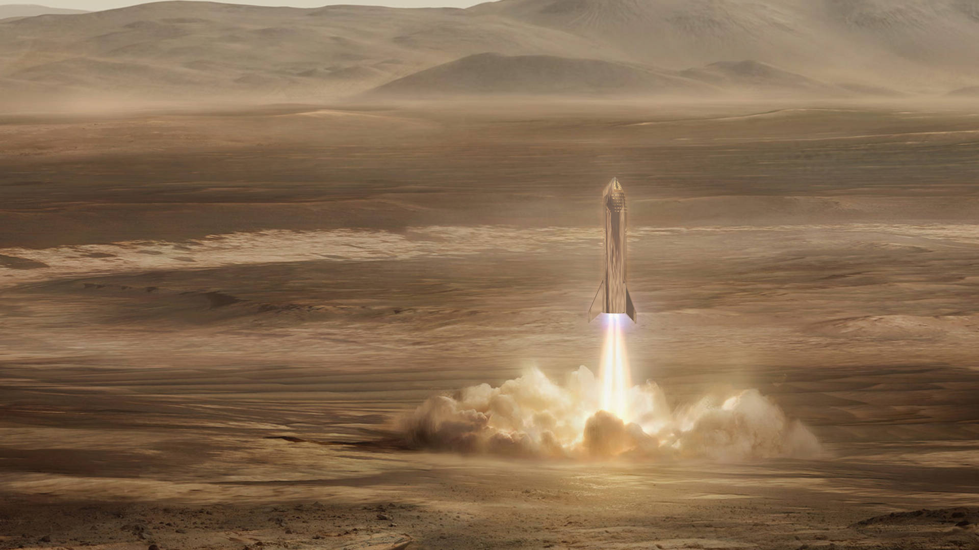 Spacex Starship 桌布 壁紙 — 火箭從佈滿灰塵的火星平原發射，引擎發光，煙霧翻騰，背景是起伏的沙丘。
