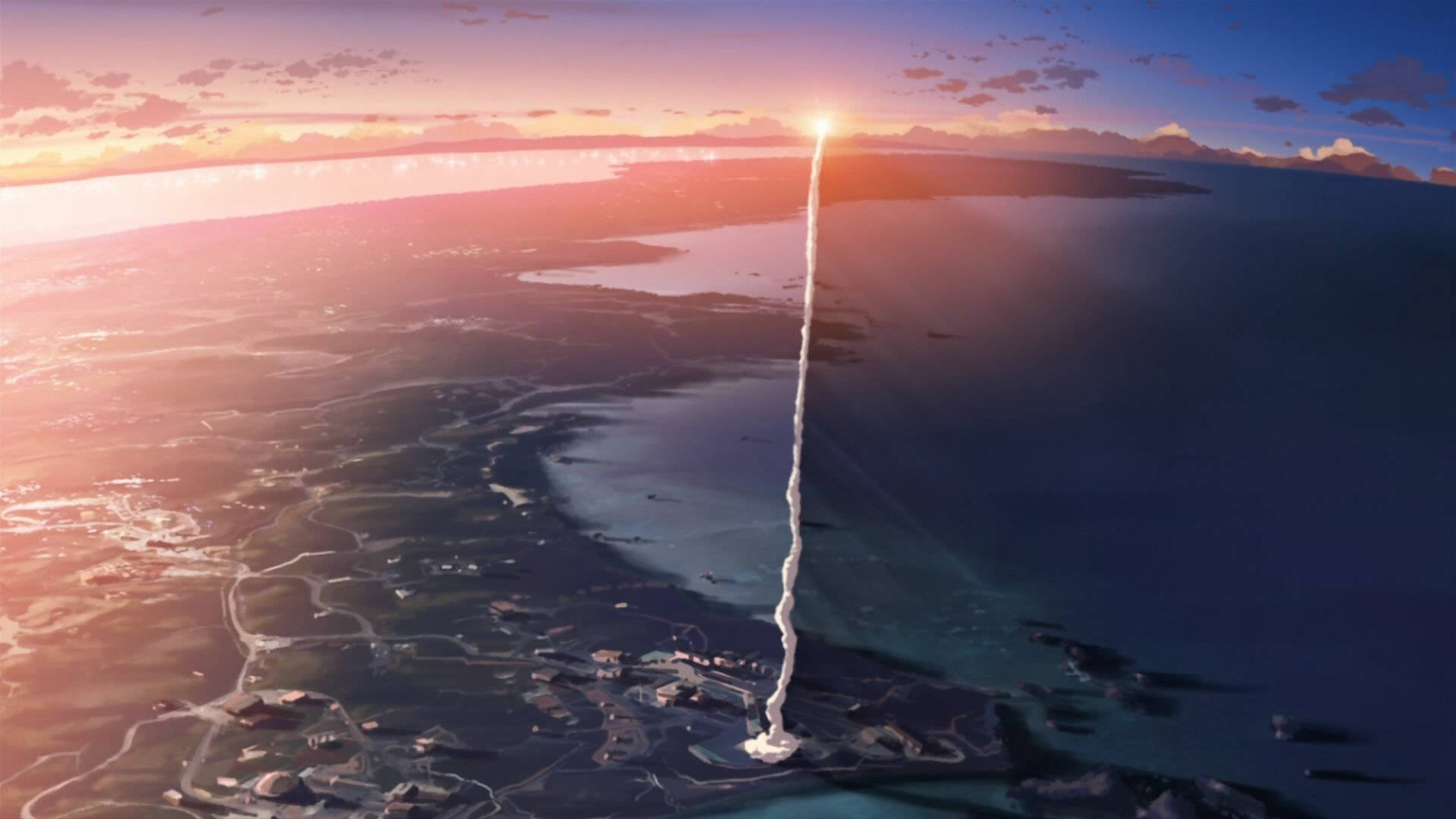 Makoto Shinkai 桌布 壁紙 — 火箭從沿海發射台在日落時發射，在充滿活力的橙色和紫色天空中留下明亮的軌跡。
