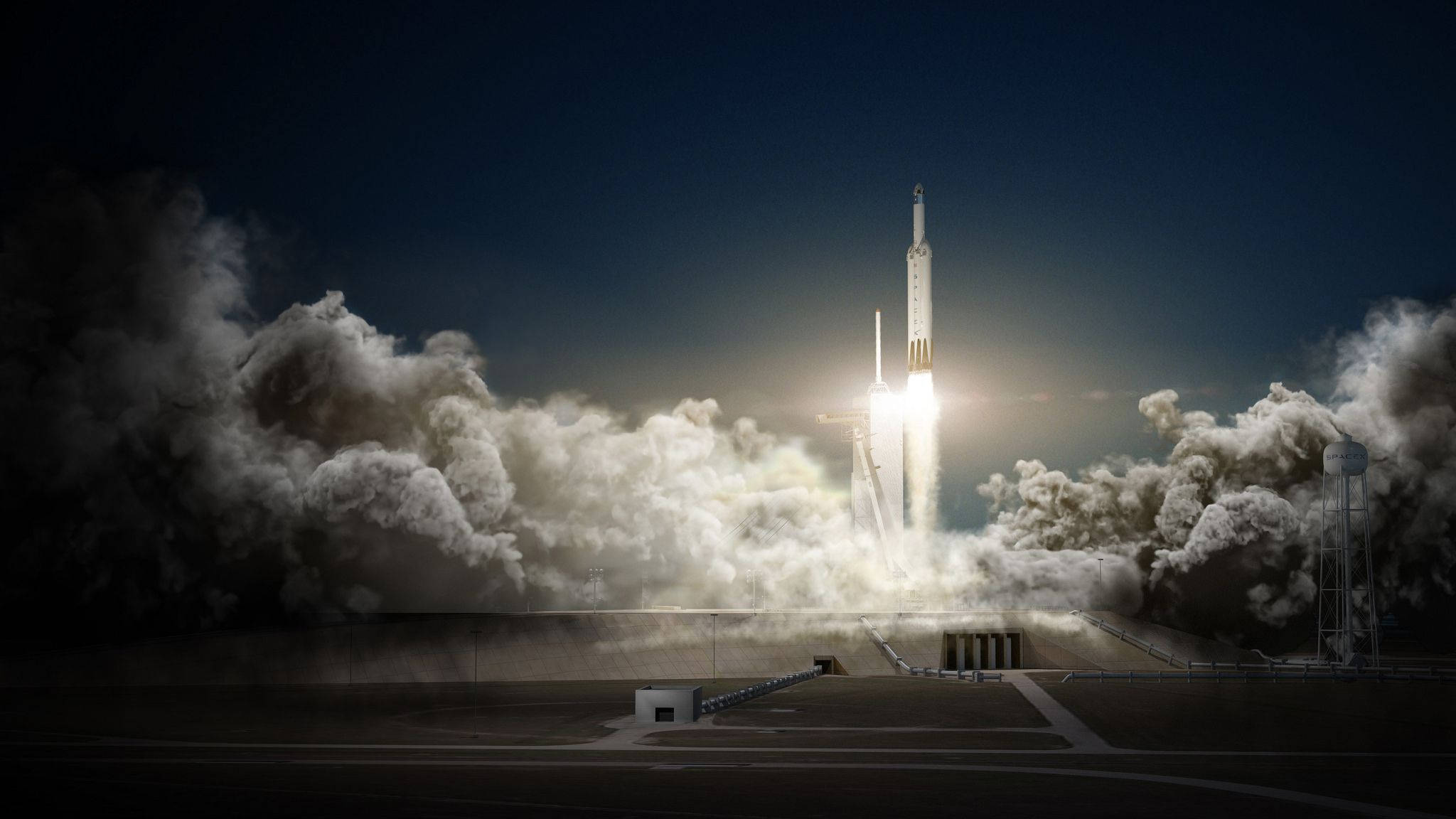 SpaceX 桌布 壁紙 — 火箭從發射台點火，發出刺眼的光芒和滾滾濃煙，升入漆黑的夜空。