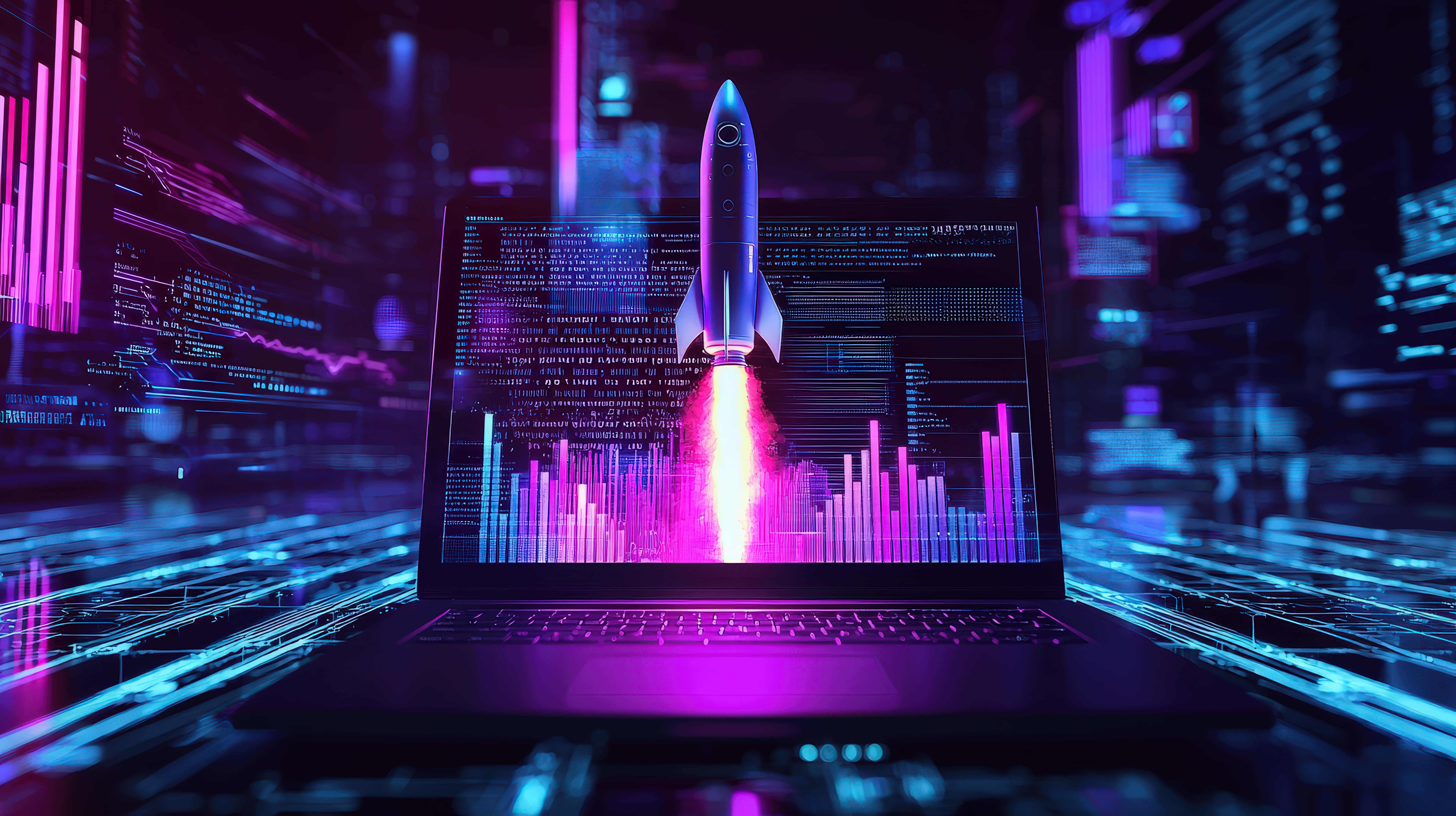 Startup 桌布 壁紙 — 火箭從顯示數據圖表的筆記型電腦螢幕發射，背景是霓虹賽博龐克城市景觀。