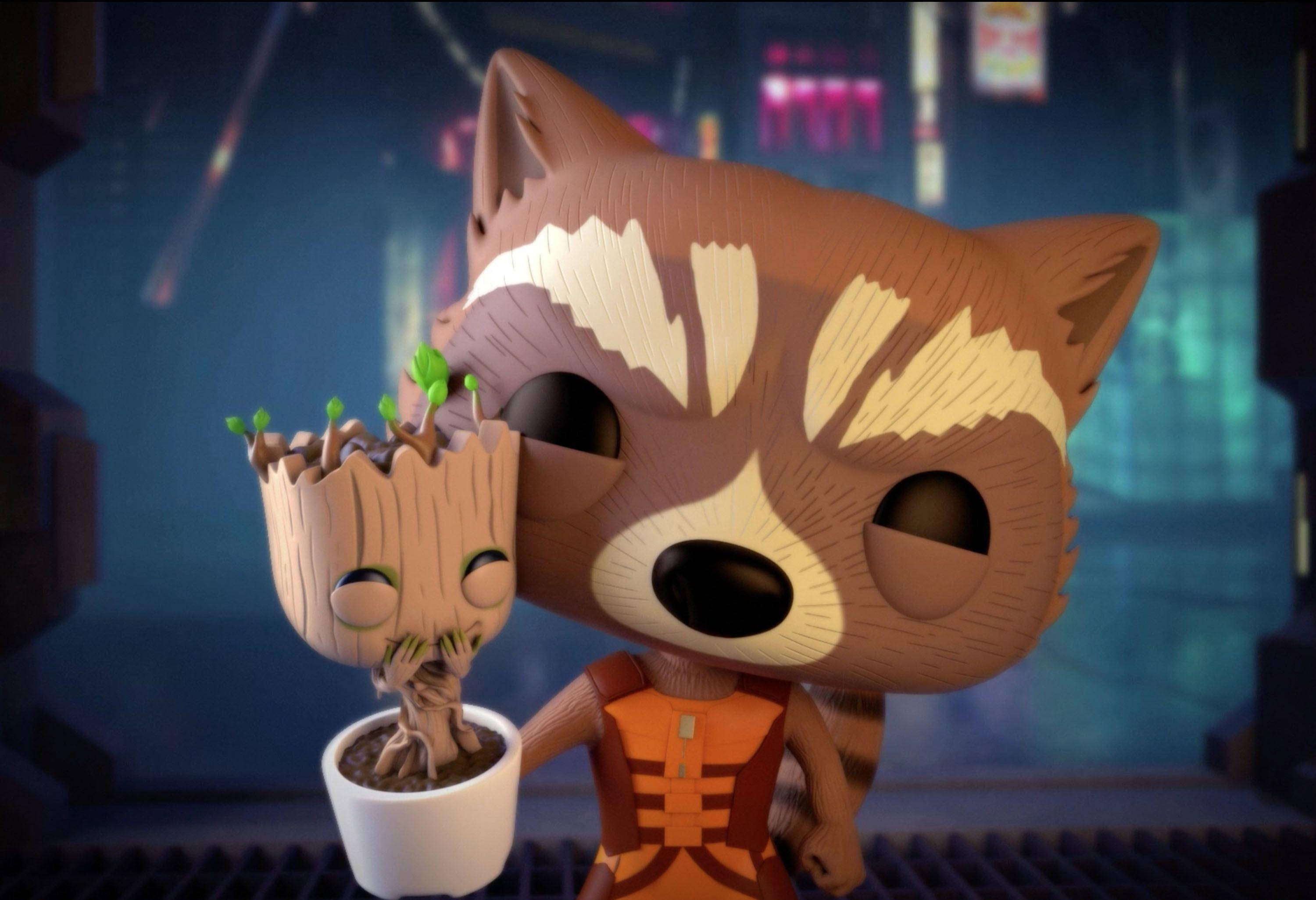 Baby Groot 桌布 壁紙 — 火箭浣熊在昏暗的未來城市景觀中，手持一個盆栽的格魯特公仔，周圍有霓虹燈光。