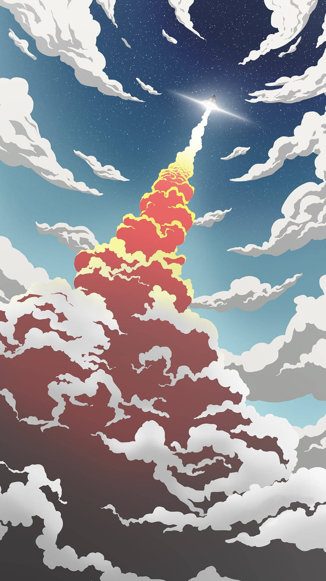 火箭 桌布 壁紙 — 火箭穿過雲層上升，在繁星點點的夜空中留下火熱的痕跡。