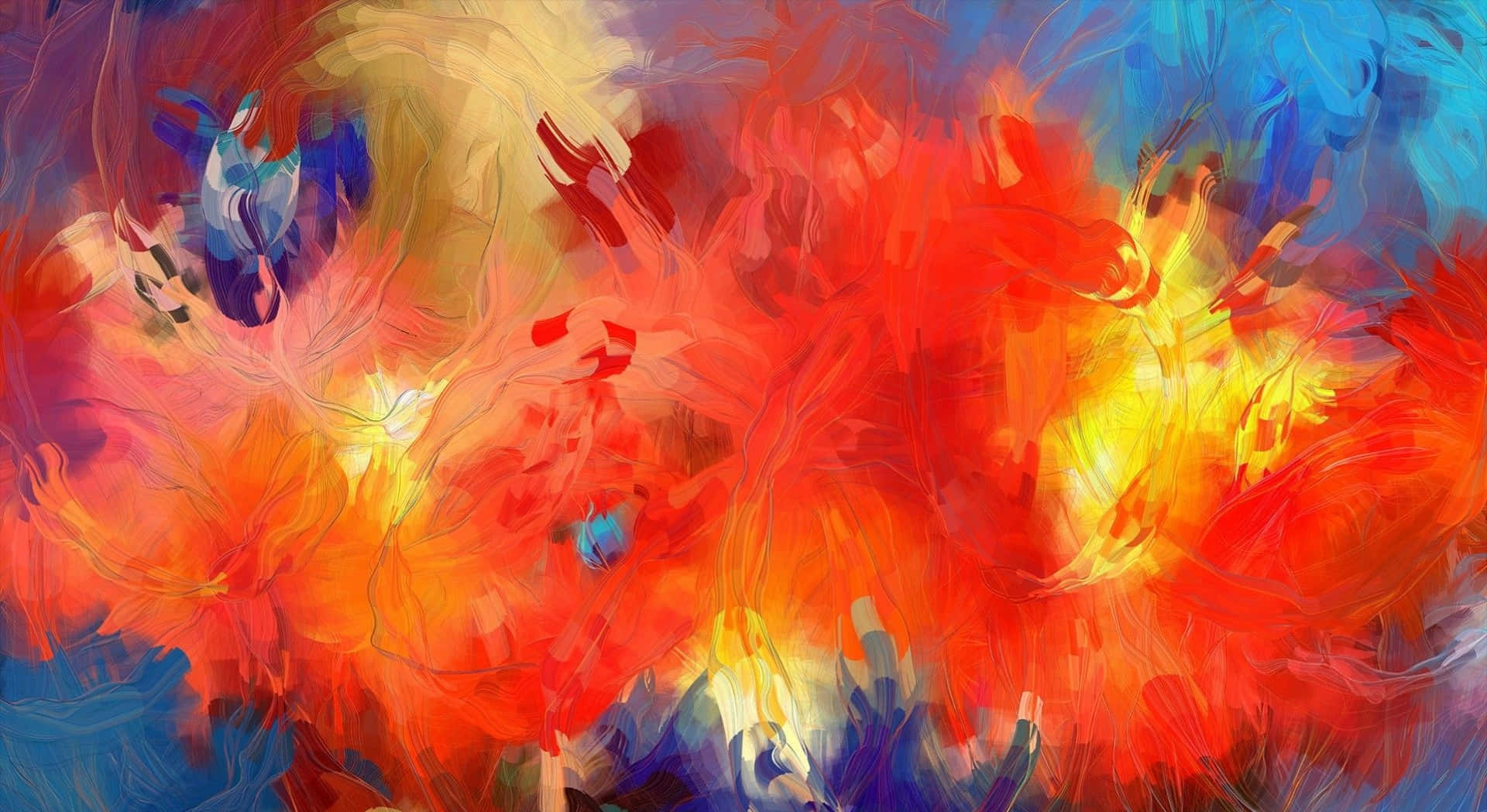 Painting 桌布 壁紙 — 火紅橙色與冷藍色的鮮豔抽象漩渦在一個大膽的數位繪畫中動態融合。
