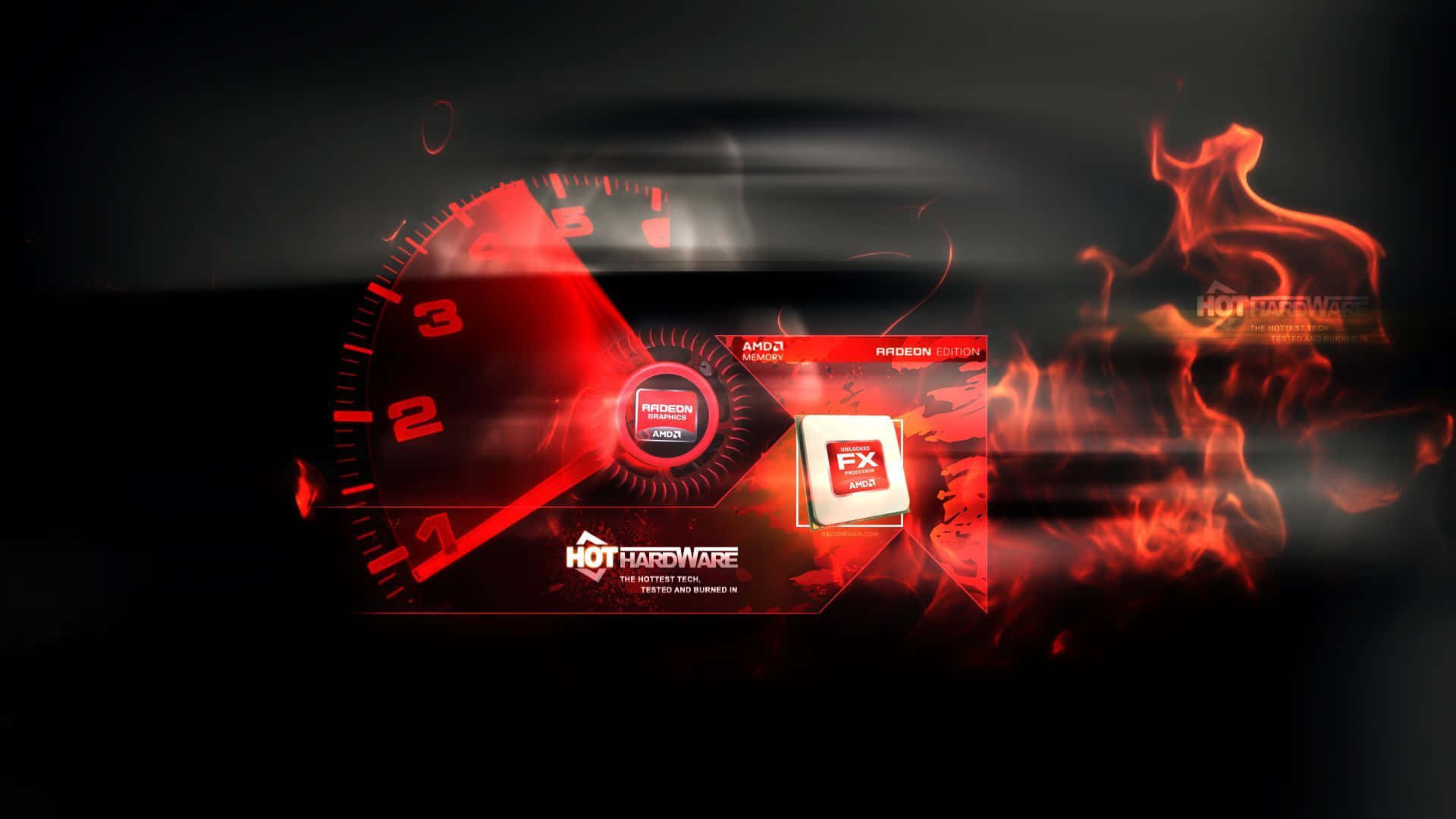 AMD 桌布 壁紙 — 火紅的轉速表和 AMD Radeon 顯示卡在帶有火焰效果的深色背景上發光。