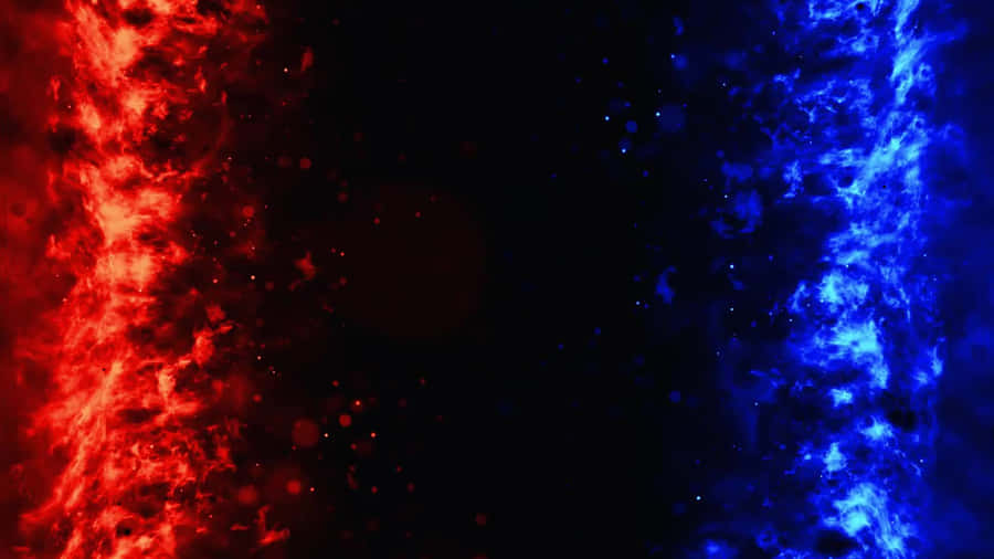 Red And Blue Fire 桌布 壁紙 — 火紅與電光藍的宇宙星雲在充滿發光粒子的虛空中碰撞。