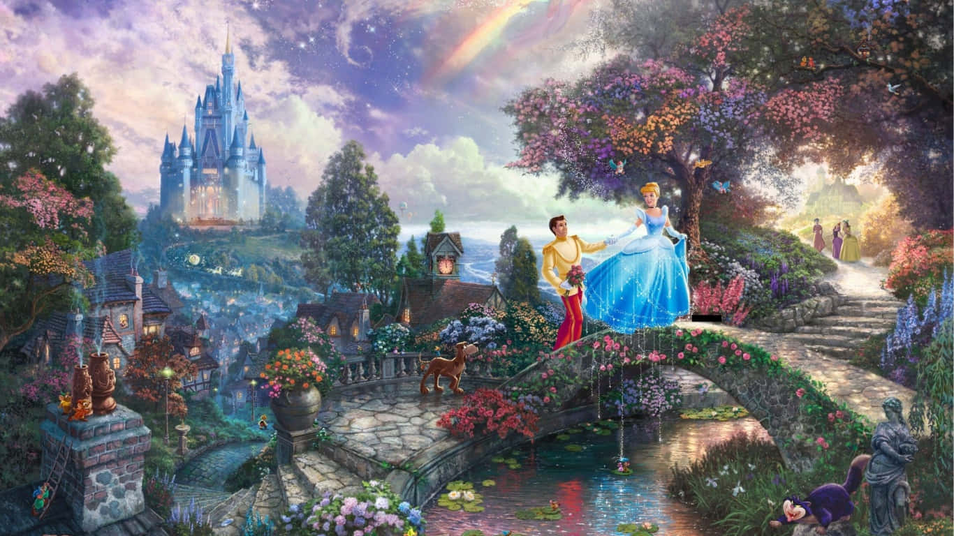1366x768 Disney 桌布 壁紙 — 灰姑娘和白馬王子站在彩虹下的花橋上，城堡在暮色中閃耀。