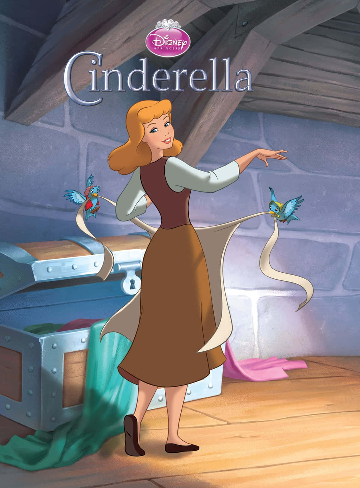 灰姑娘 桌布 壁紙 — 灰姑娘在她的閣樓臥室裡，兩隻小鳥棲息在她的裙邊，她微笑著指向一個箱子。