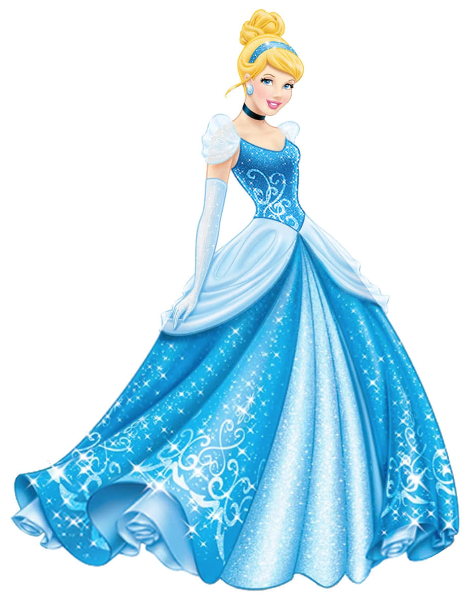 Disney Profile 桌布 壁紙 — 灰姑娘穿著標誌性的藍色舞會禮服，飾有閃爍星星和白色漩渦，站在純白色背景前。