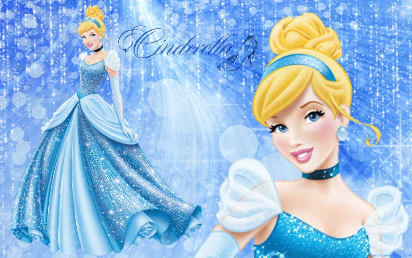 Princess 桌布 壁紙 — 灰姑娘穿著閃閃發光的藍色禮服，優雅地站在魔法般的藍色背景前，伴隨著飄落的閃粉和柔和的散景燈光。