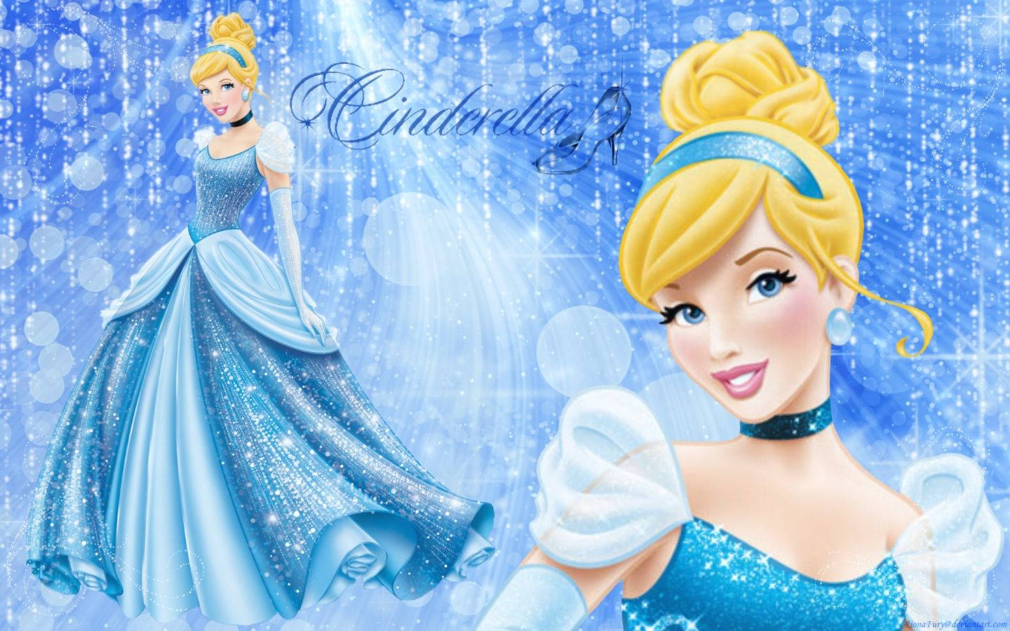 灰姑娘 桌布 壁紙 — 灰姑娘身穿閃亮藍色禮服，優雅地站在魔法般的藍色背景前，背景有飄落的閃粉和柔和散景燈光。
