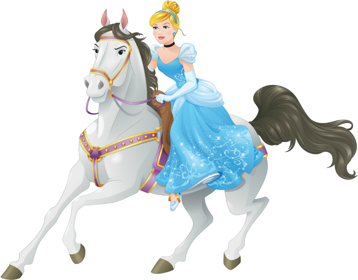 Horse Riding 桌布 壁紙 — 灰姑娘身穿閃亮藍色禮服，騎著一匹優雅的白馬，配紫色金色馬具，背景為黑色。