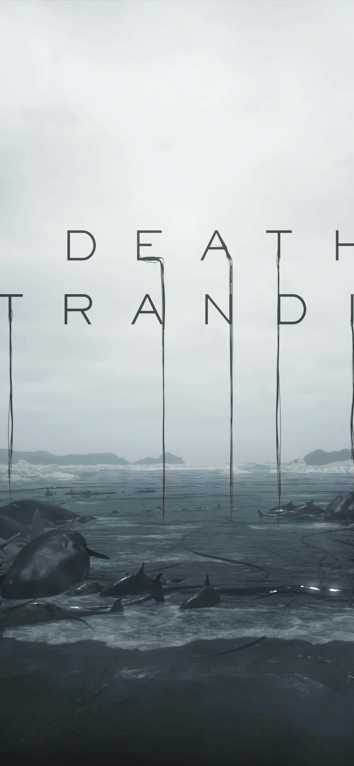 iPhone Xs Max Death Stranding 桌布 壁紙 — 灰濛濛的天空下，擱淺的鯨魚構成陰鬱的海岸場景，上面覆蓋著滴落字體的「DEATH STRANDING」標題。