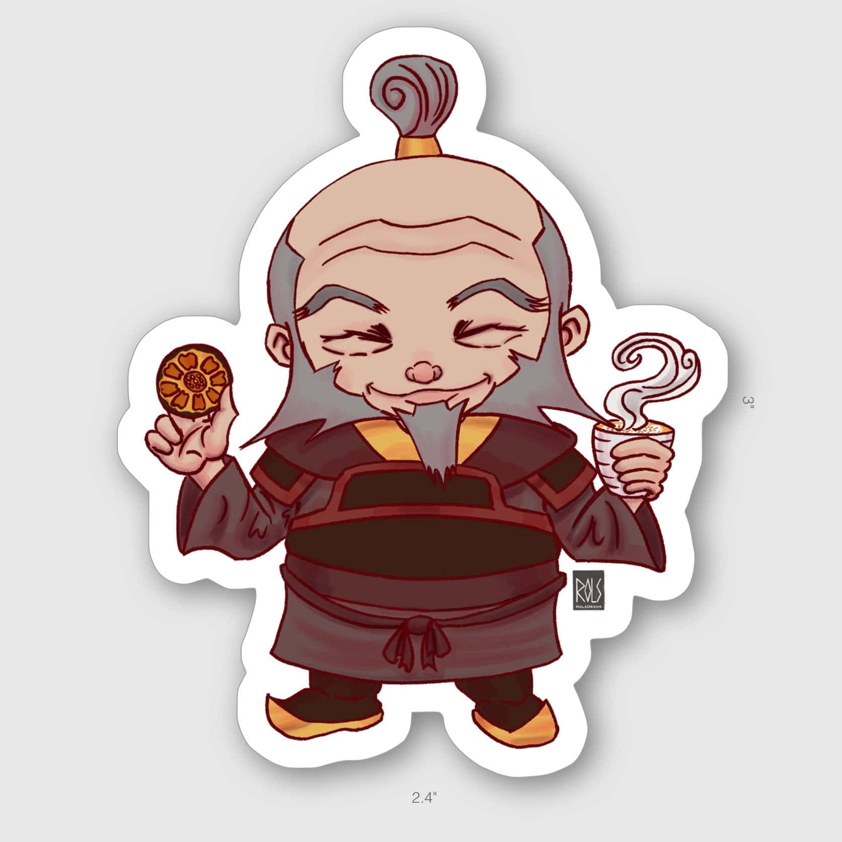 Uncle Iroh 桌布 壁紙 — 灰白頭髮和鬍鬚的Q版卡通老人，一邊喝茶一邊拿著糕點。