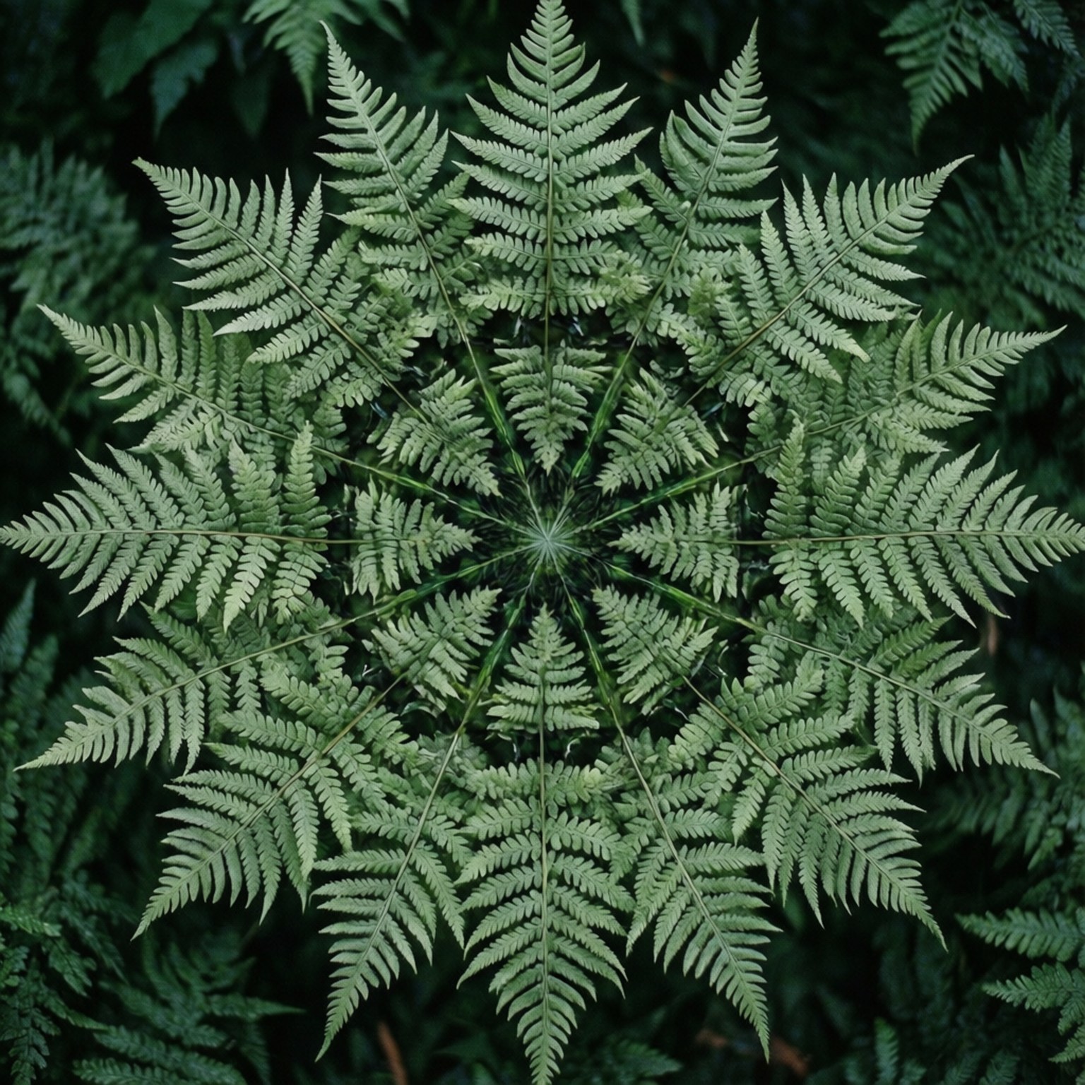 灰綠色蕨類曼陀羅 壁紙 — 一個對稱的萬花筒圖案，由充滿活力的綠色蕨類葉片從中心點向黑暗的葉子背景輻射而出。