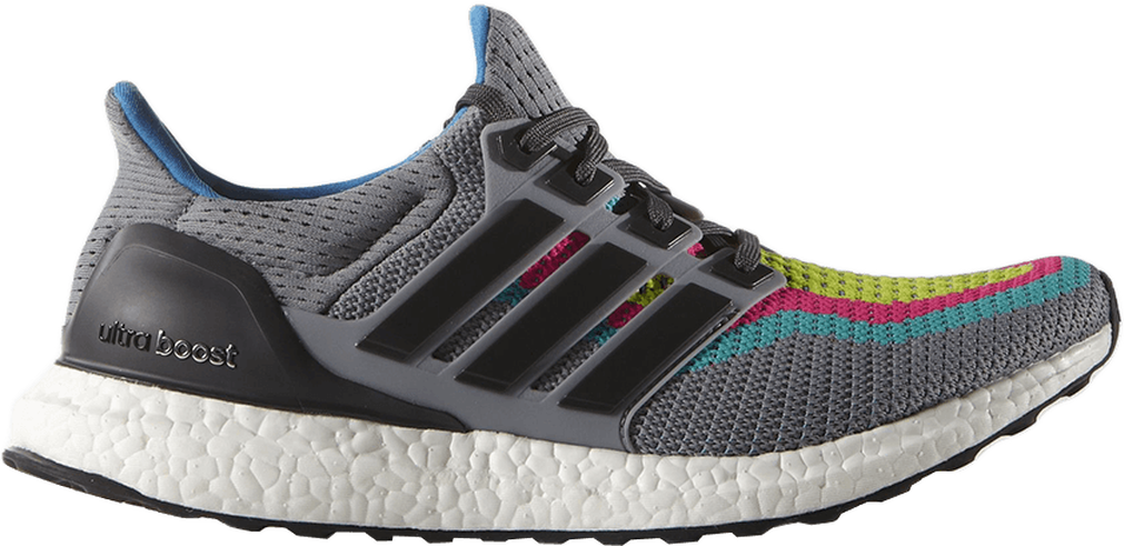 Multicolor 桌布 壁紙 — 灰色Adidas Ultra Boost運動鞋，白色紋理鞋底上帶有充滿活力的粉紅色、藍綠色和萊姆色點綴。