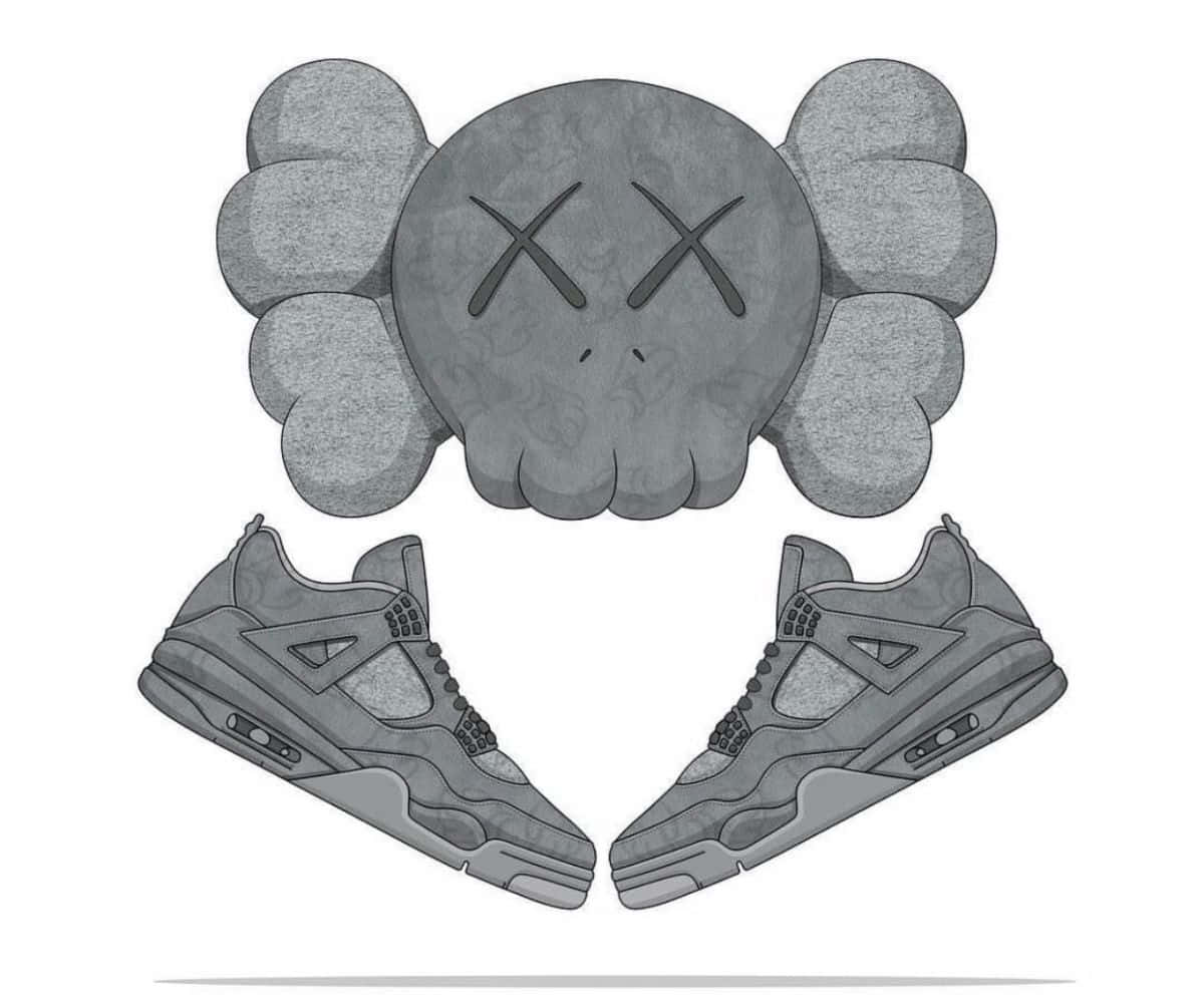 Kaws X Air Jordan 桌布 壁紙 — 灰色KAWS骷髏頭搭配雲朵耳朵，位於一雙灰色Air Jordan 4運動鞋上方的單色插圖。