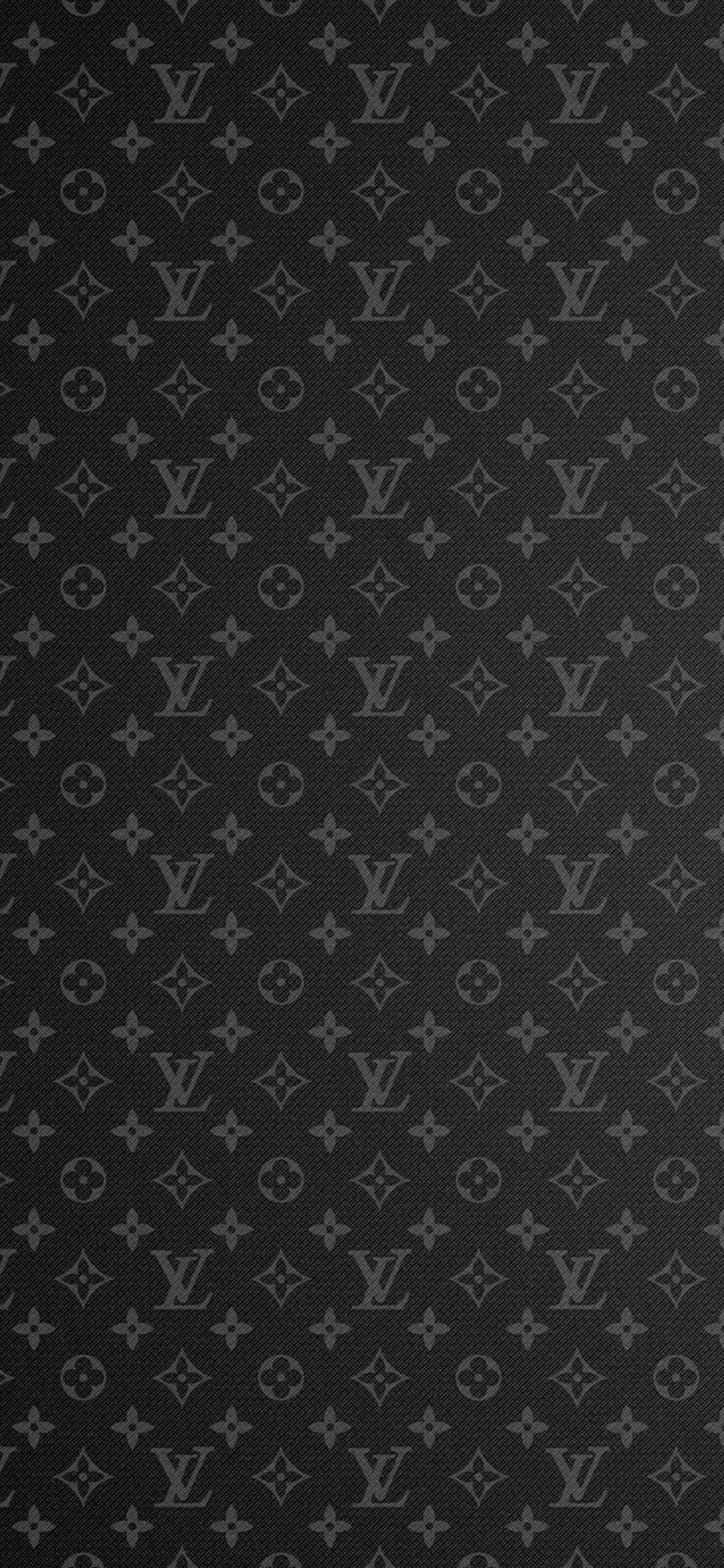 帶紋理的黑色壁紙，帶有重複的灰色Louis Vuitton字母組合圖案。