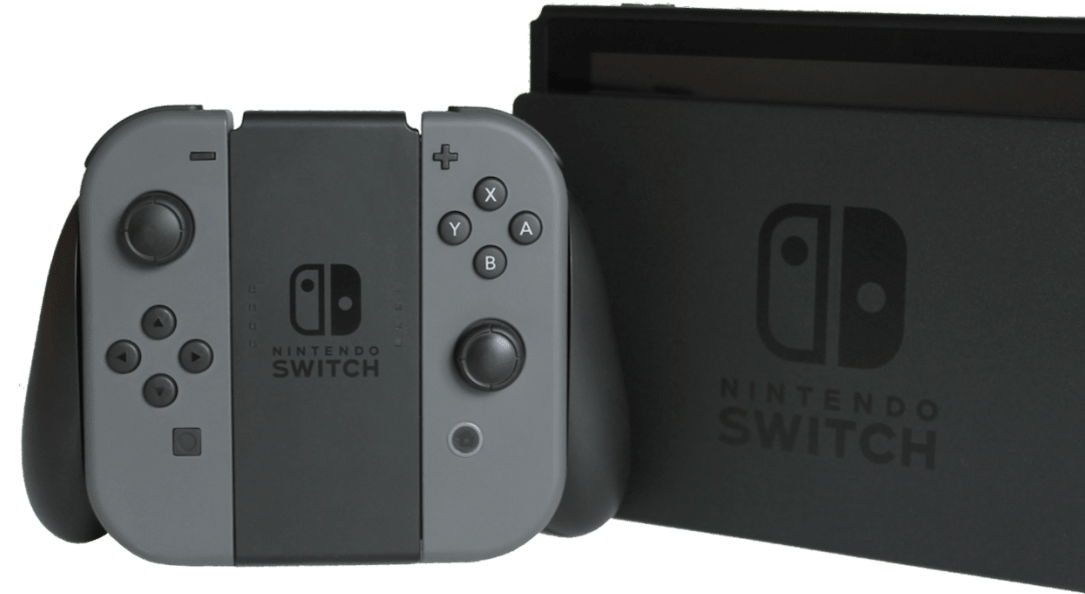 任天堂Switch 動圖 桌布 壁紙 — 灰色Nintendo Switch主機及控制器在純黑背景上展示，配以簡約品牌標示。