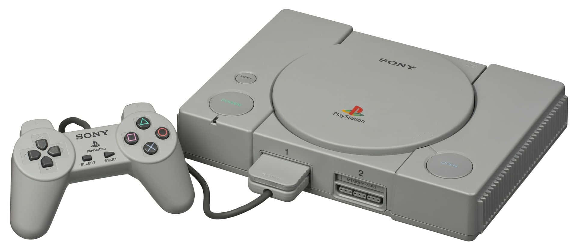 PlayStation 桌布 壁紙 — 灰色Sony PlayStation 1主機連控制器，白色背景。