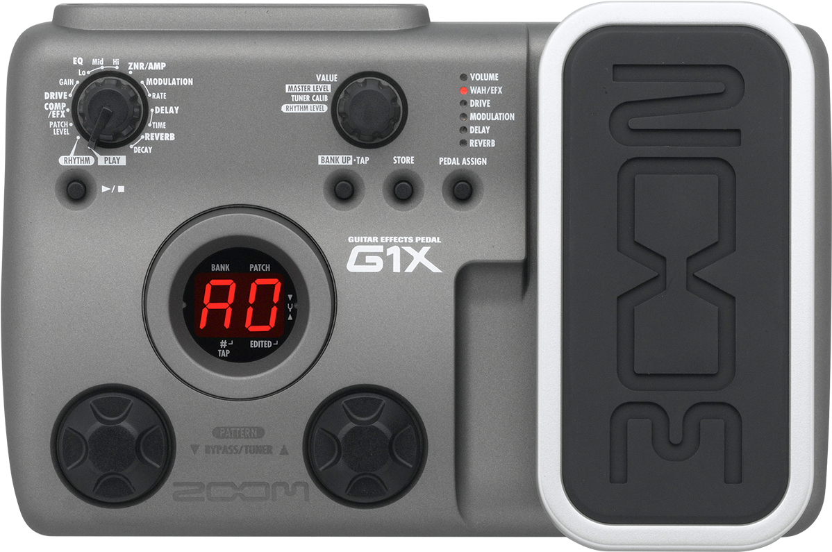 放大 桌布 壁紙 — 灰色Zoom G1X吉他效果踏板特寫，帶有紅色數位顯示屏和黑色旋鈕，背景為白色。