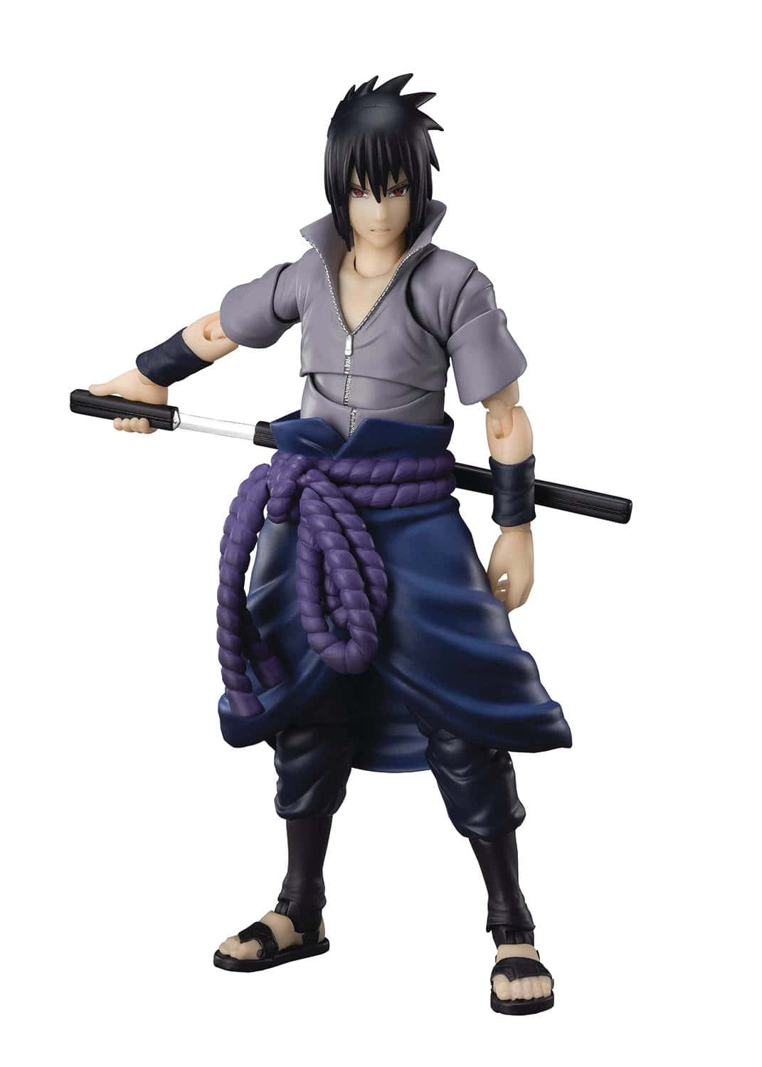 Sasuke Naruto 桌布 壁紙 — 灰色上衣、藍色褲子、紫色繩腰帶、手持劍的宇智波佐助動漫人物，白色背景。