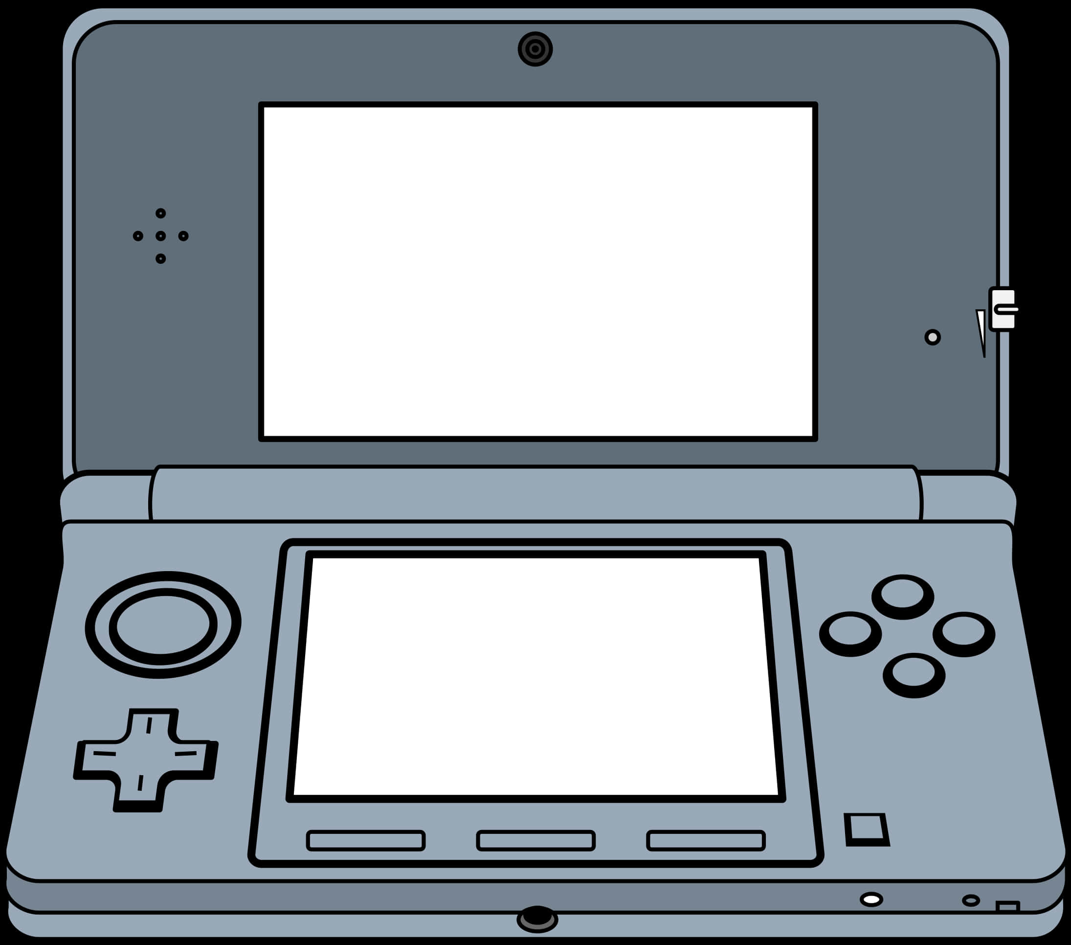 Game Icon 桌布 壁紙 — 灰色任天堂DS手提遊戲機，配備空白螢幕和黑色輪廓，背景為白色。