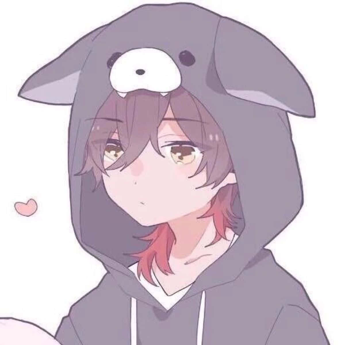 動漫男孩 桌布 壁紙 — 灰色兔子連帽衛衣的動漫角色，棕色眼睛和粉紅色頭髮在白色背景前探出頭來。