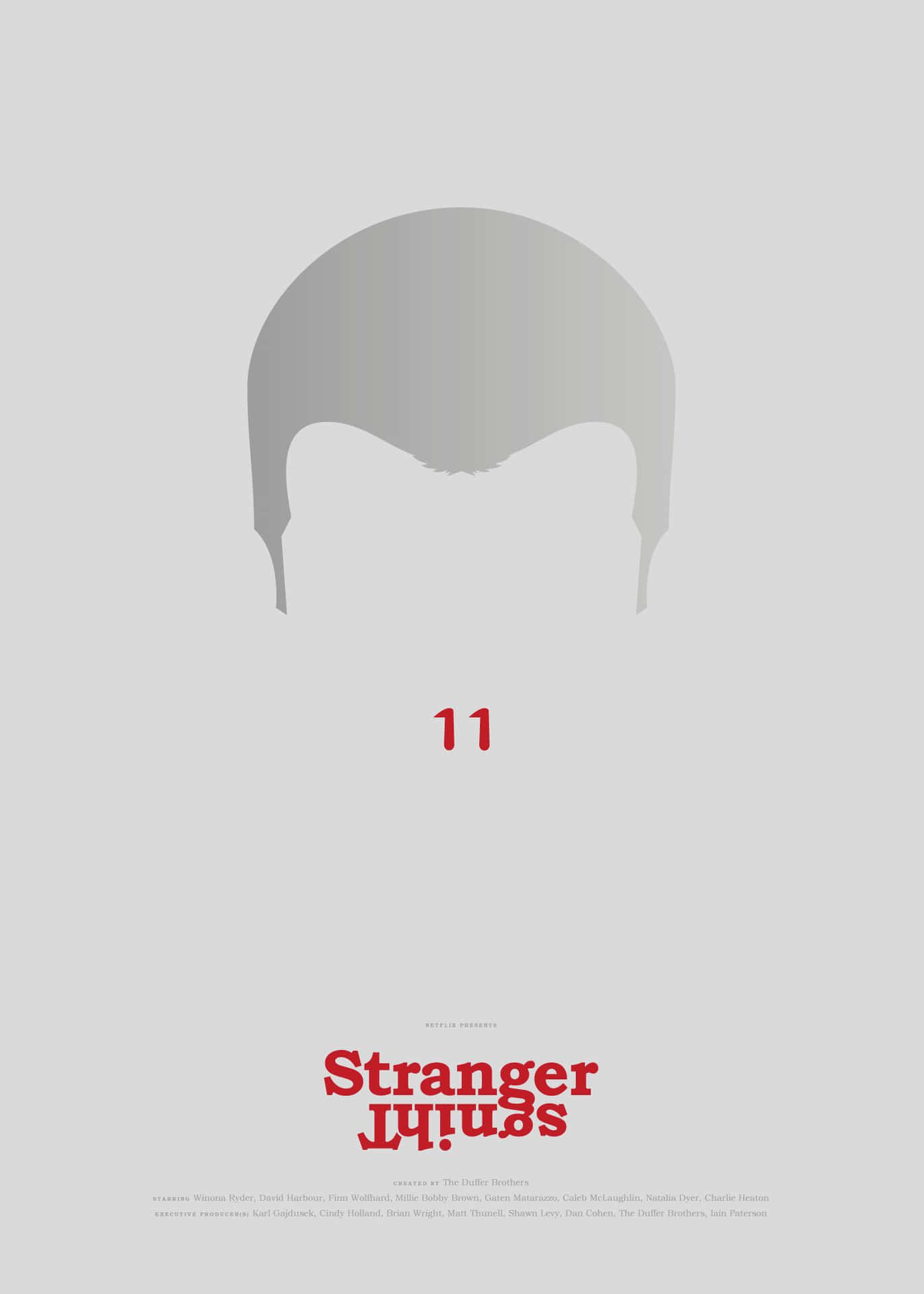  壁紙 — 灰色剪影頭部配紅色數字11和Stranger Things標題的極簡海報。
