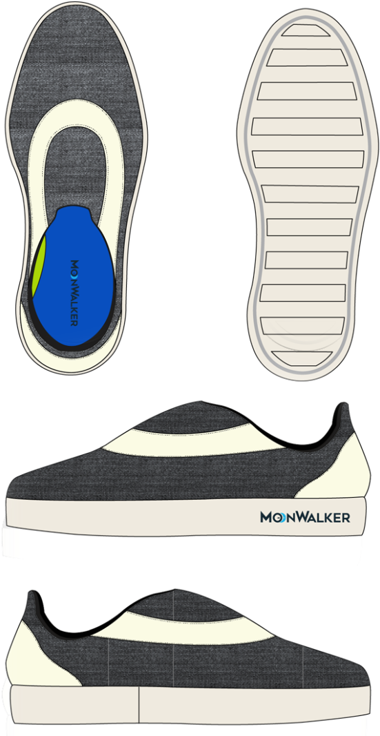 麥可·傑克森 桌布 壁紙 — 灰色和白色 MoonWalker 鞋的技術圖，顯示頂部、底部、側面和鞋底視圖，背景為黑色。