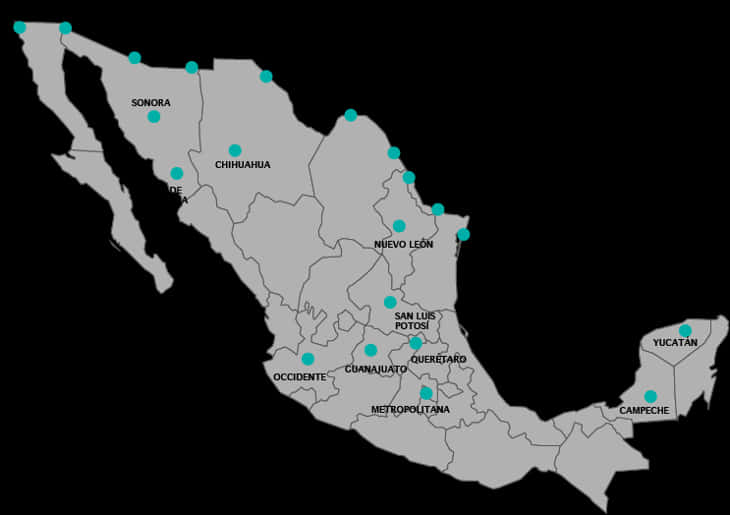 Mapa De Mexico 桌布 壁紙 — 灰色墨西哥地圖，以青綠色圓點標記特定州份，背景為黑色。