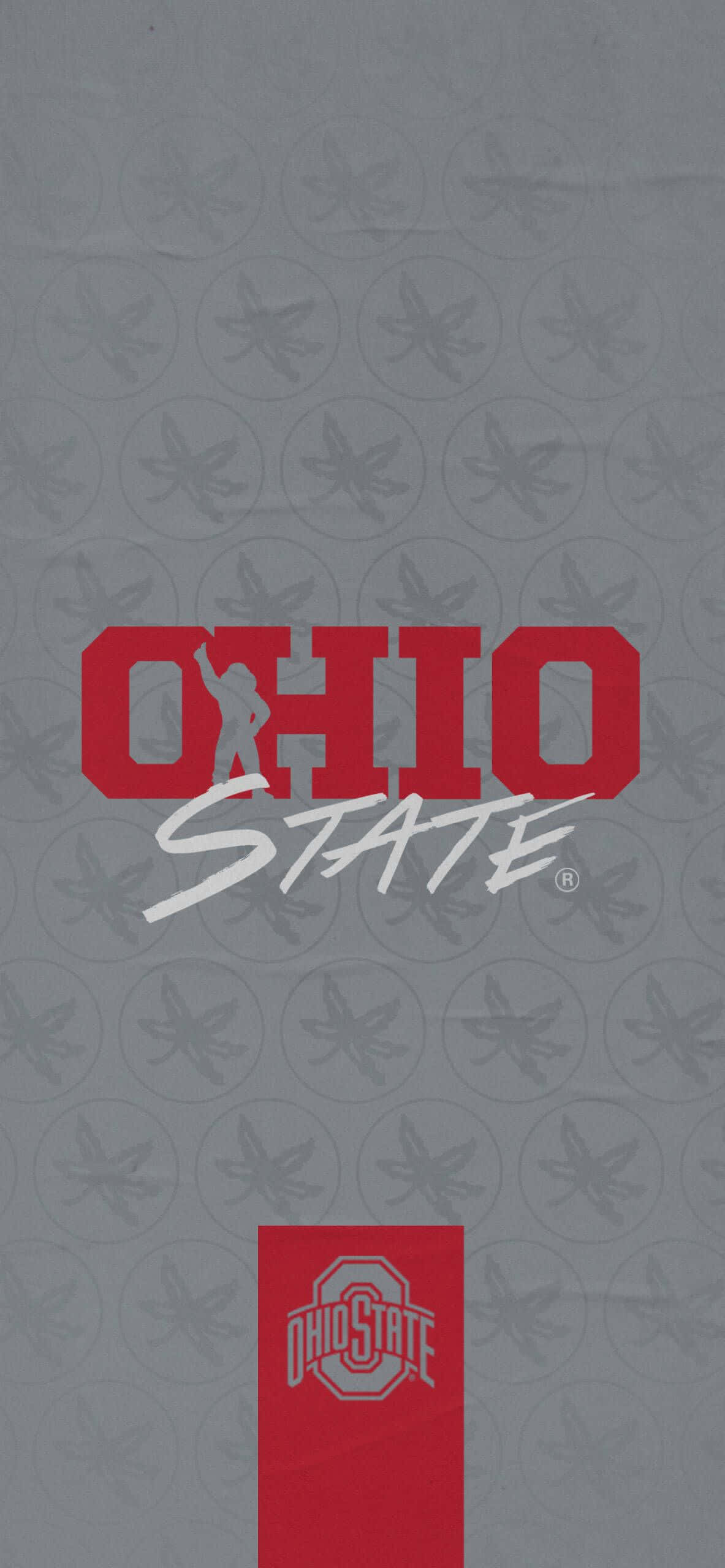 Ohio State iPhone 桌布 壁紙 — 灰色壁紙，帶有重複的俄亥俄州立大學七葉樹標誌圖案，以及粗體紅白文字，並有美式足球員的剪影。