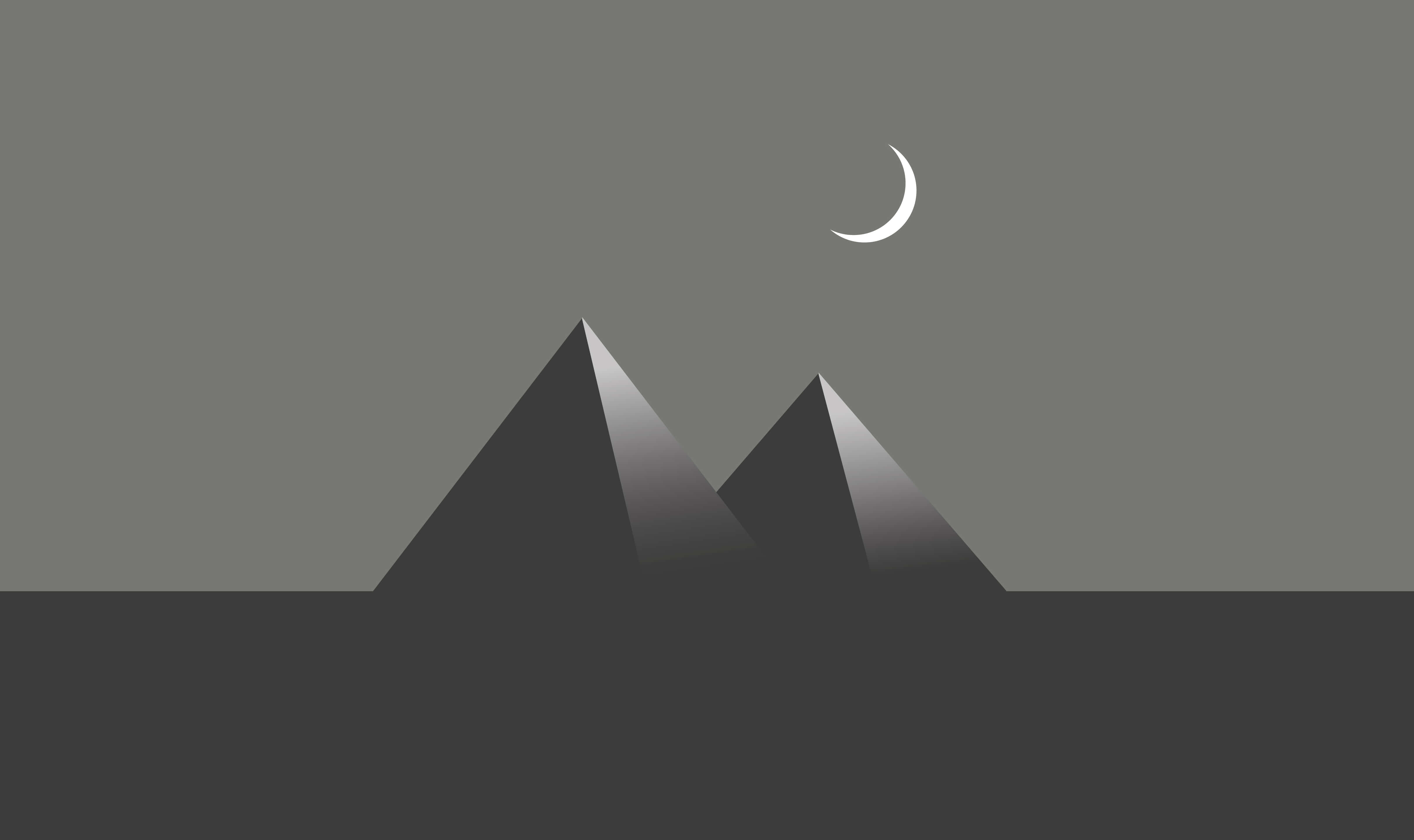Moon Aesthetic 桌布 壁紙 — 灰色天空下新月之上的極簡單色山脈剪影。
