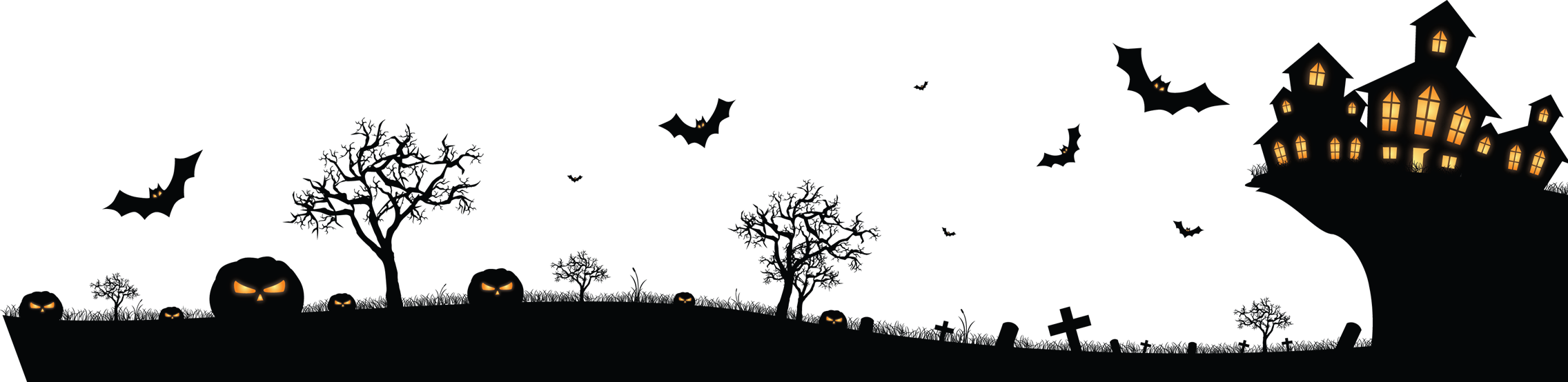 Halloween 桌布 壁紙 — 灰色天空背景下，發光的傑克南瓜燈、蝙蝠和鬼屋的剪影萬聖節場景。