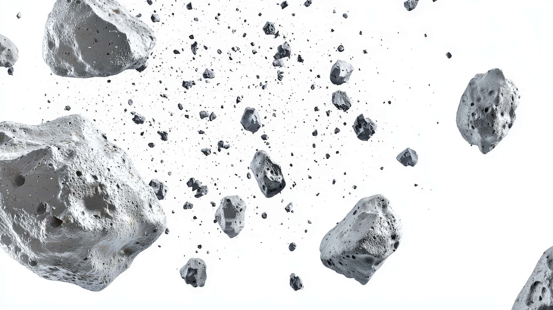 A collection of asteroids and space debris floating in a weightless environment 壁紙 — 灰色小行星與碎片的動態瀑布，漂浮在純白虛空中。