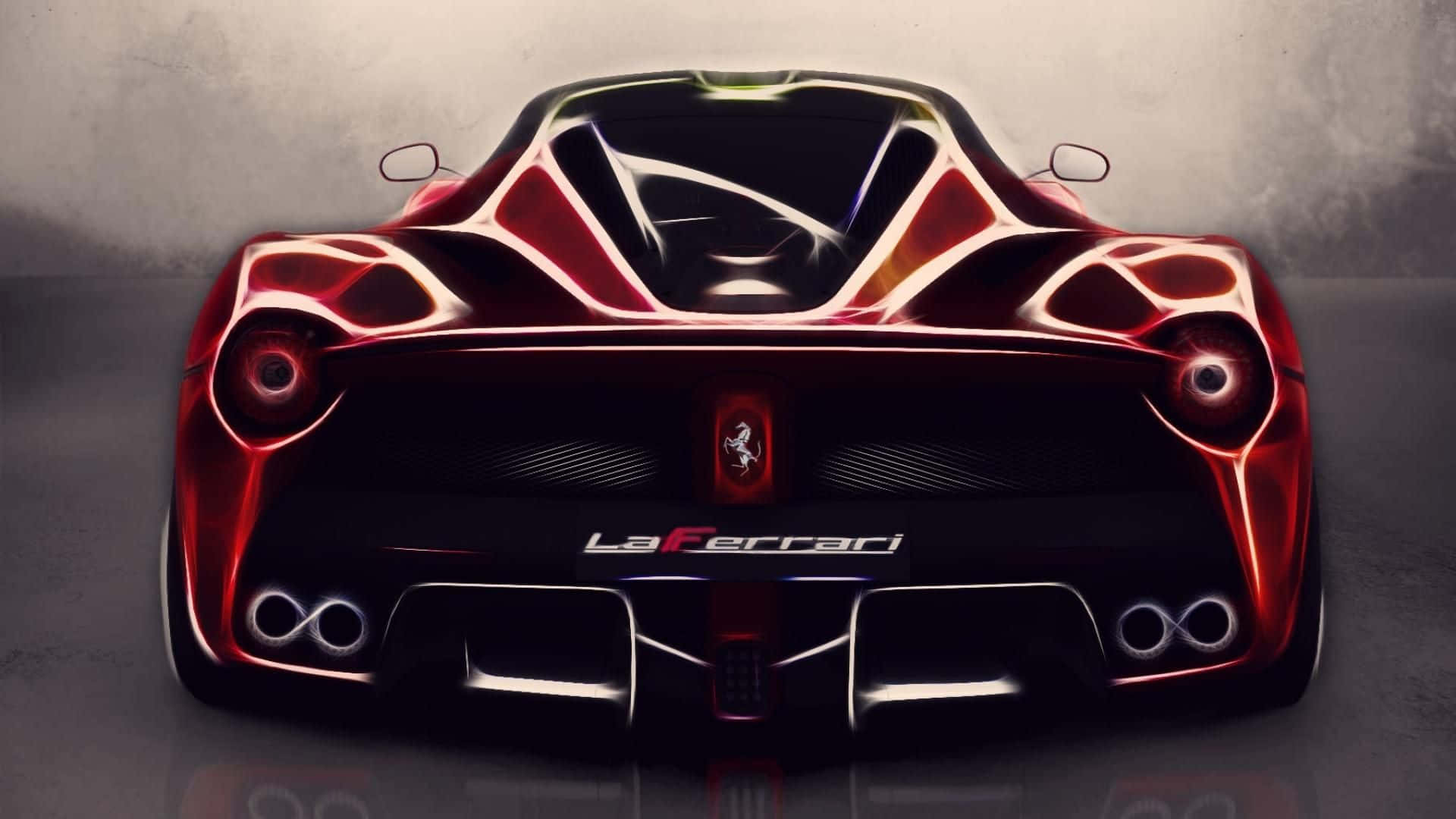 Ferrari Laferrari 桌布 壁紙 — 灰色工作室背景前，紅色LaFerrari超級跑車的後視圖，帶有發光飾件和雙排氣管。
