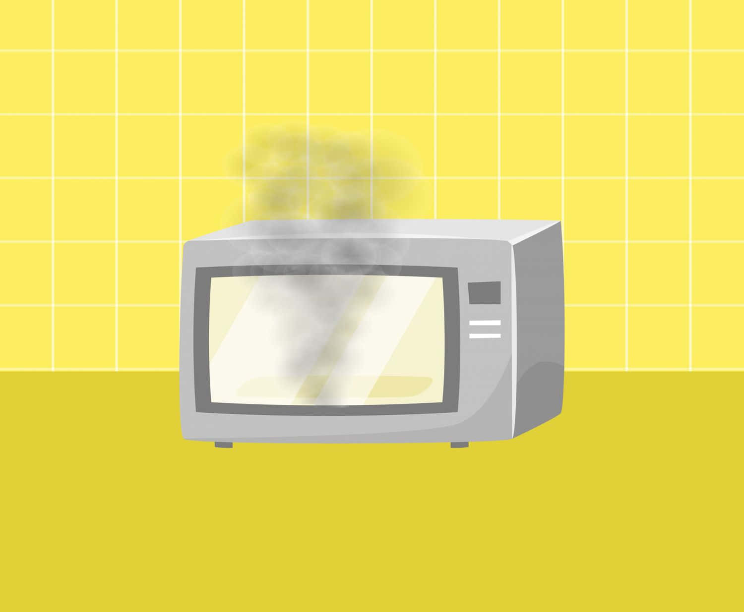 Microwave 桌布 壁紙 — 灰色微波爐在黃色瓷磚廚房檯面上冒著蒸氣，背景為網格圖案。