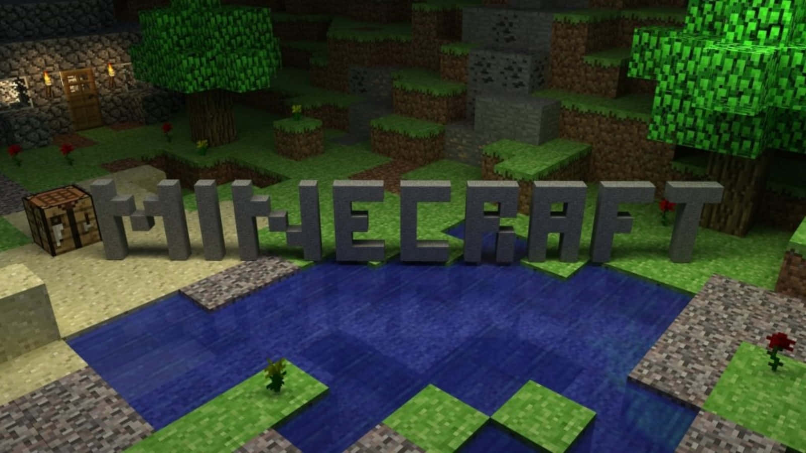 電玩遊戲 桌布 壁紙 — 灰色方塊拼成的「MINECRAFT」一字，位於一個像素化藍色池塘旁邊，周圍是方塊狀的Minecraft景觀，有綠色樹木和石屋。