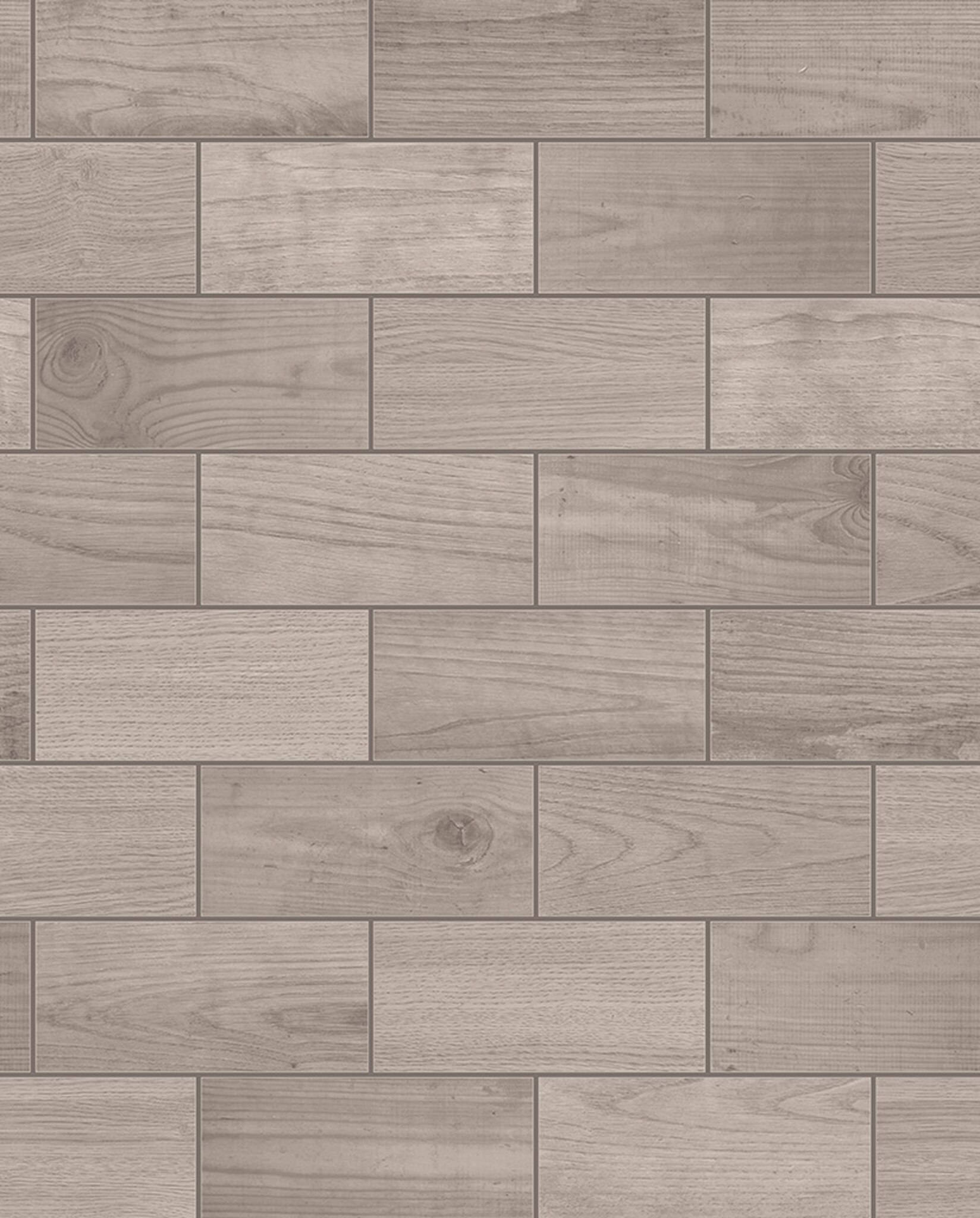 Floor Tiles 桌布 壁紙 — 灰色木紋板磚以交錯磚塊圖案排列，帶有天然紋理和節疤。