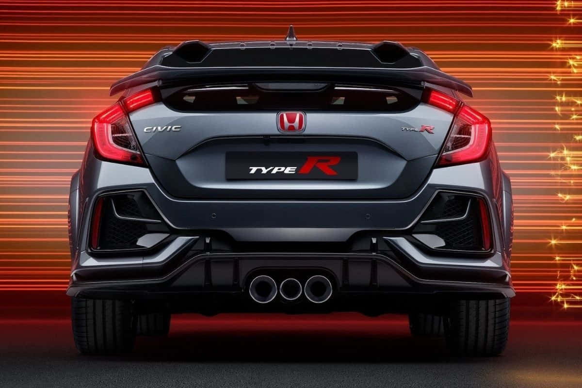 桌布 壁紙 — 灰色本田Civic Type R的後視圖，紅色尾燈在發光的橙色條紋背景襯托下。
