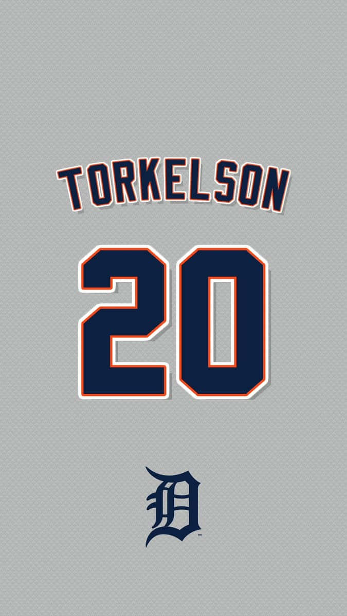 桌布 壁紙 — 灰色棒球球衣背面，印有名字 TORKELSON 和號碼 20，海軍藍色配橙色和白色飾邊。