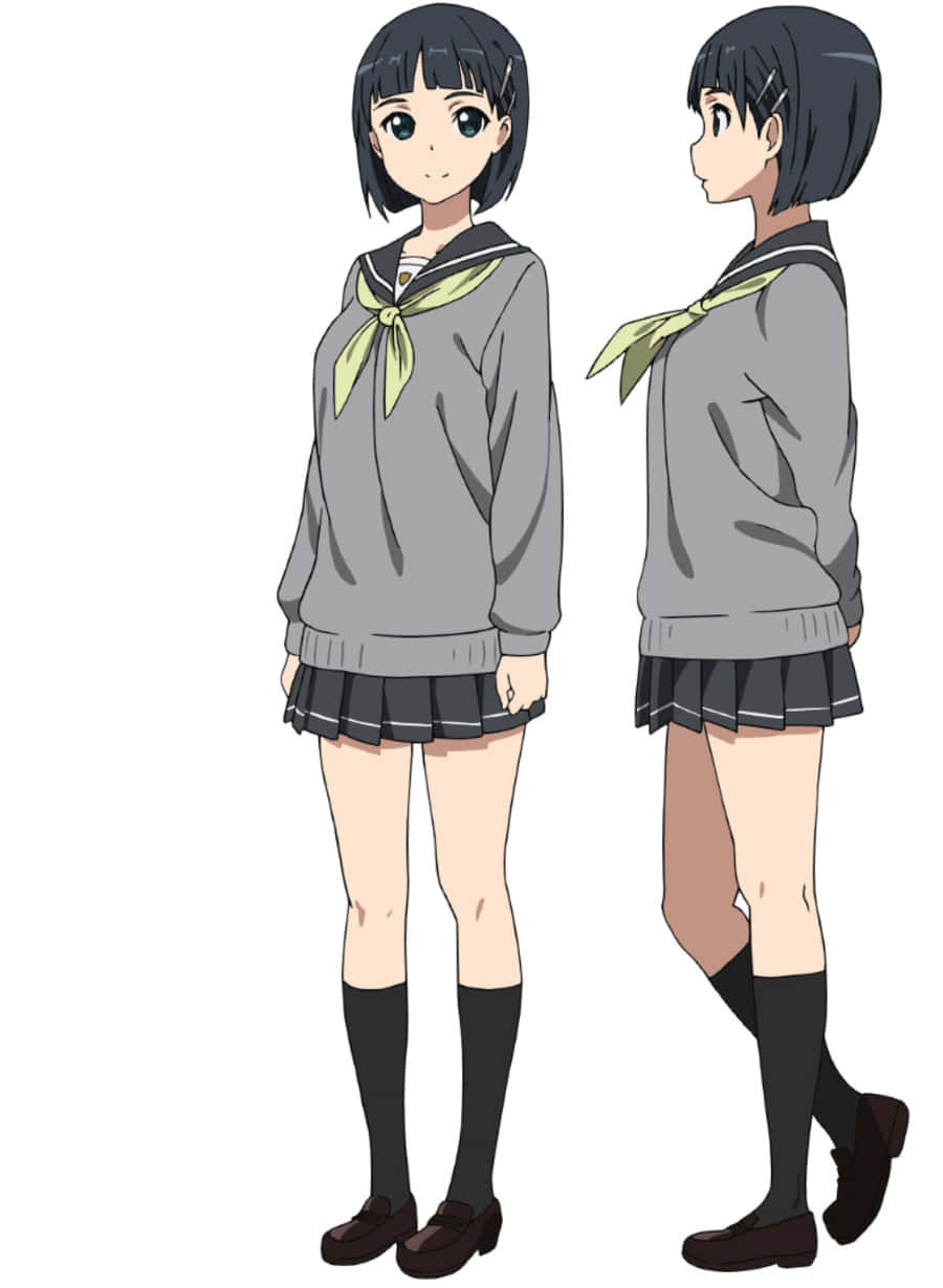 Suguha Kirigaya 桌布 壁紙 — 灰色水手服動漫女孩，正面和背面視圖，白色背景。