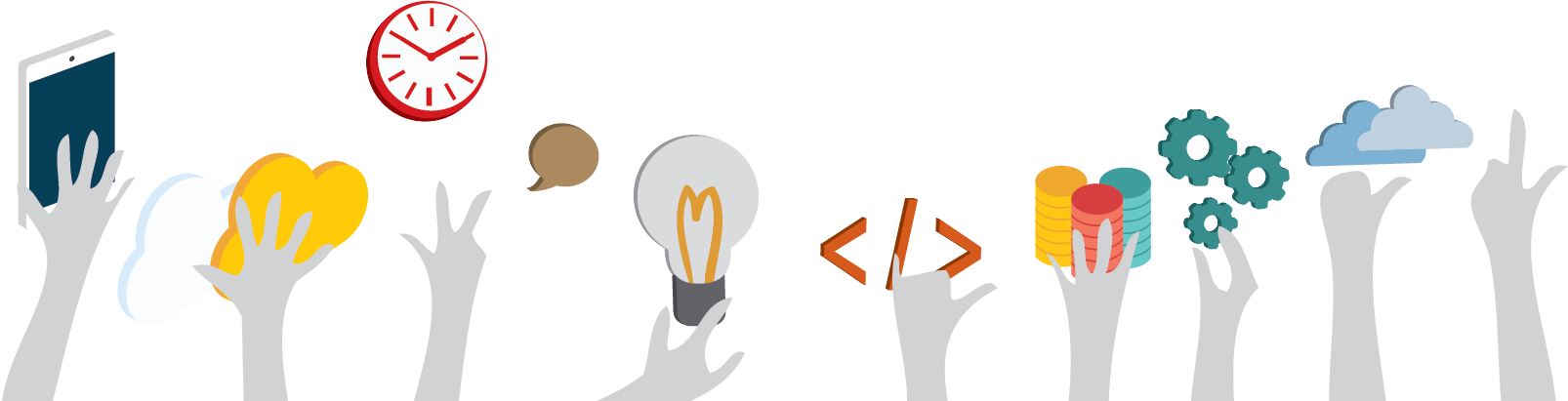 Teamwork 桌布 壁紙 — 灰色的手在白色背景上拿著科技溝通和創意的圖標。