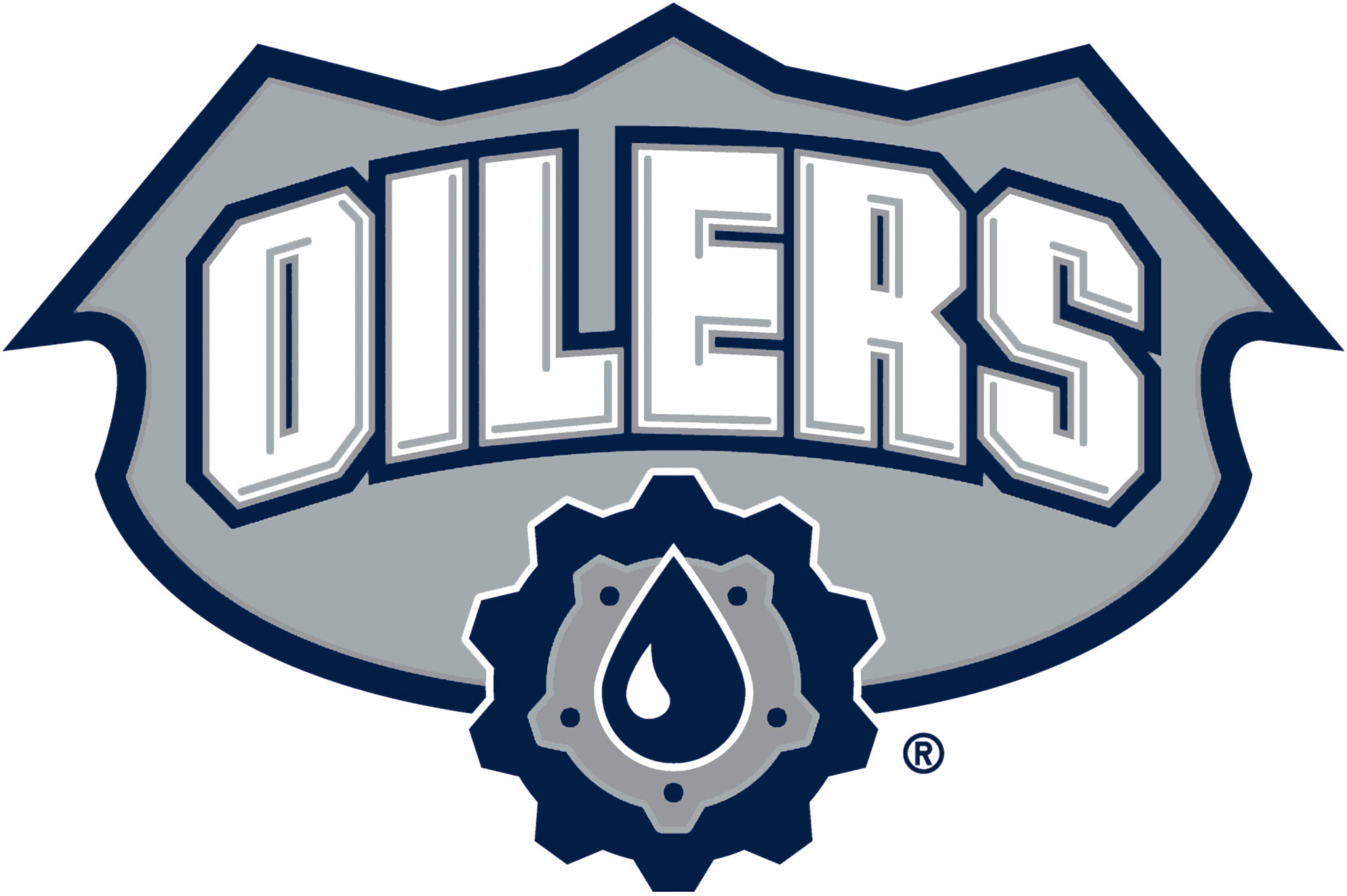 Oilers 桌布 壁紙 — 灰色盾牌上帶有白色海軍藍輪廓的粗體「OILERS」文字，上方有齒輪和油滴標誌。