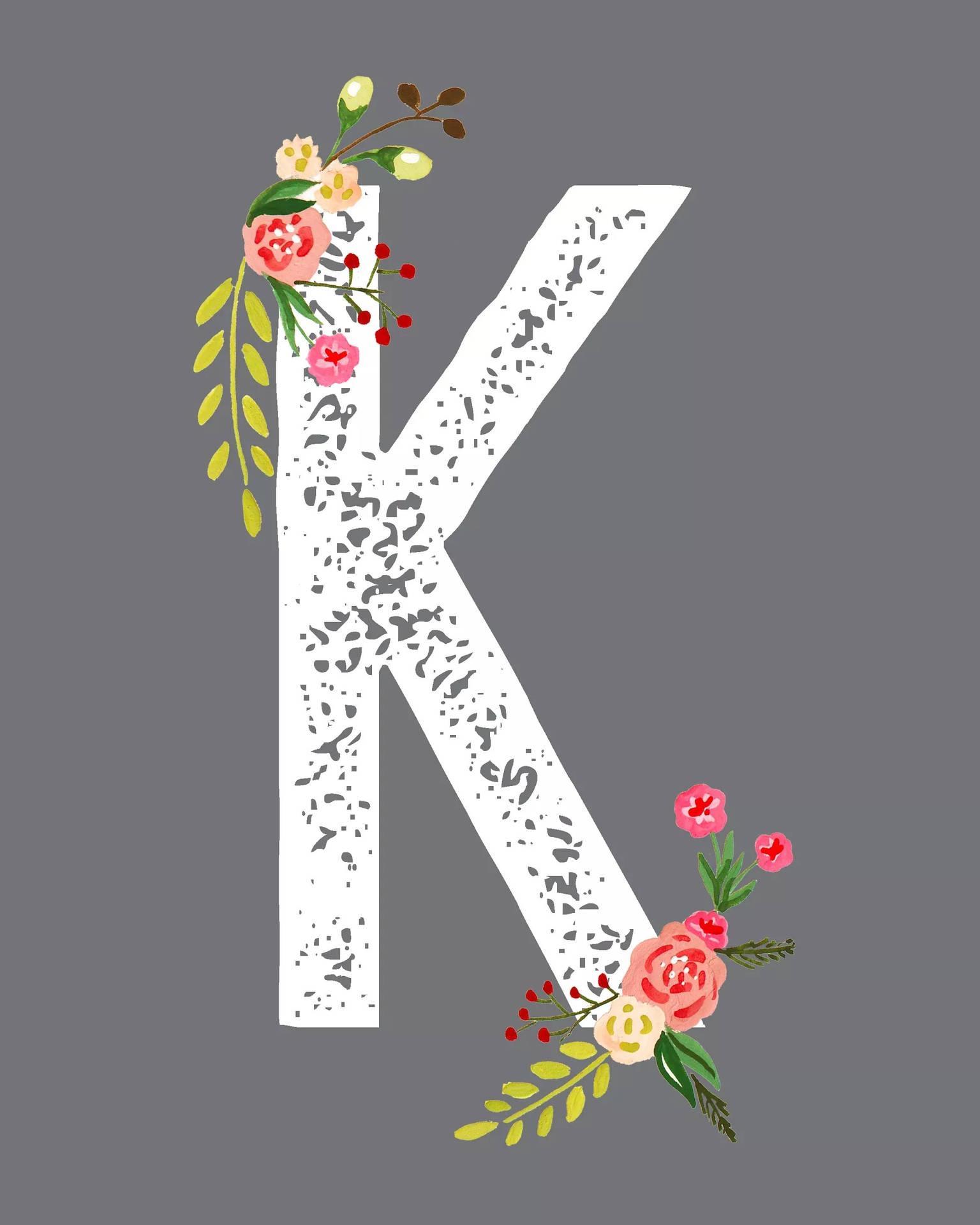 灰色背景上帶有花卉裝飾的裝飾性字母K。 — 字母K動圖 壁紙