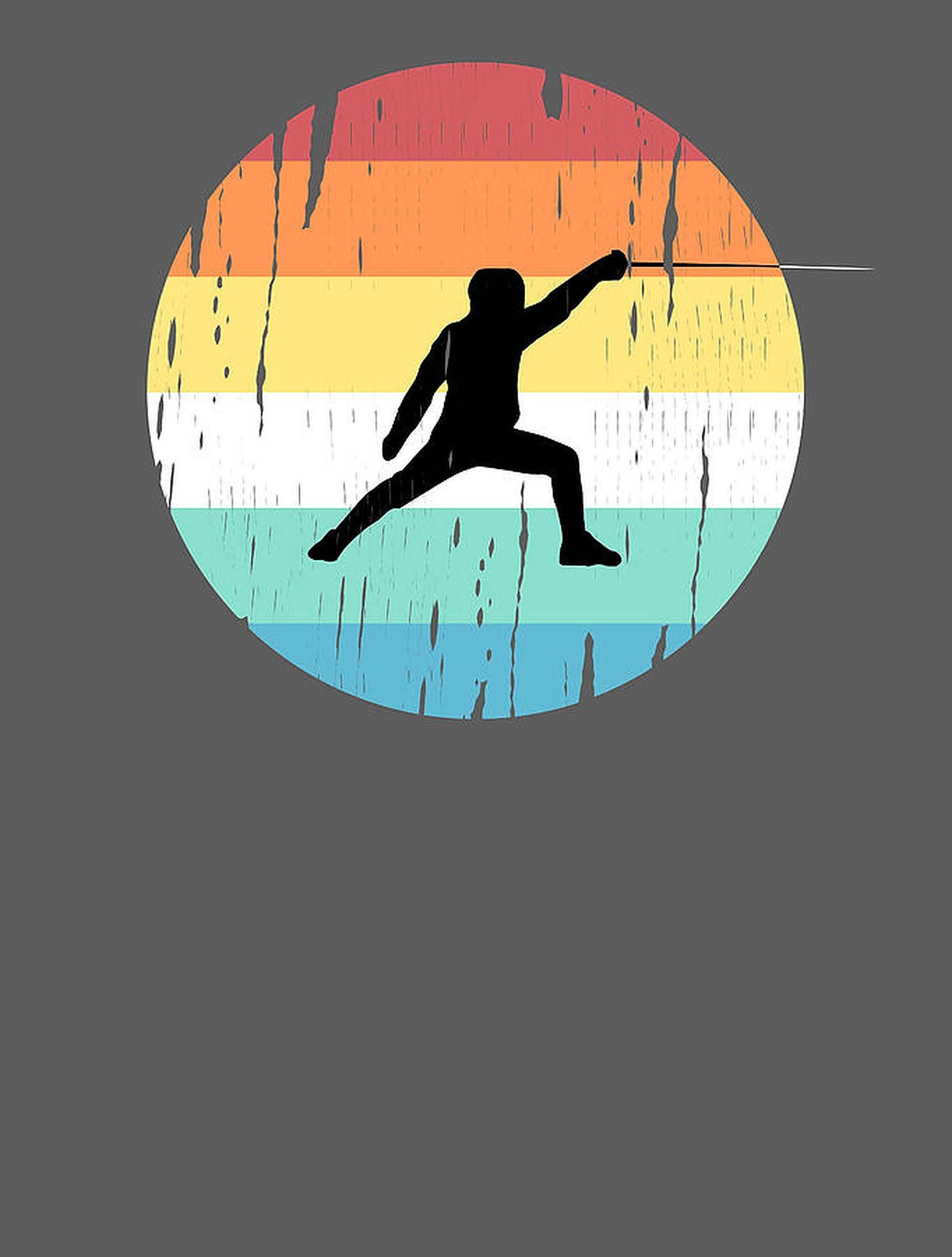 Fencing 桌布 壁紙 — 灰色背景上，一個磨損的彩虹圓圈前，一位劍擊手的黑色剪影呈現動態姿勢。